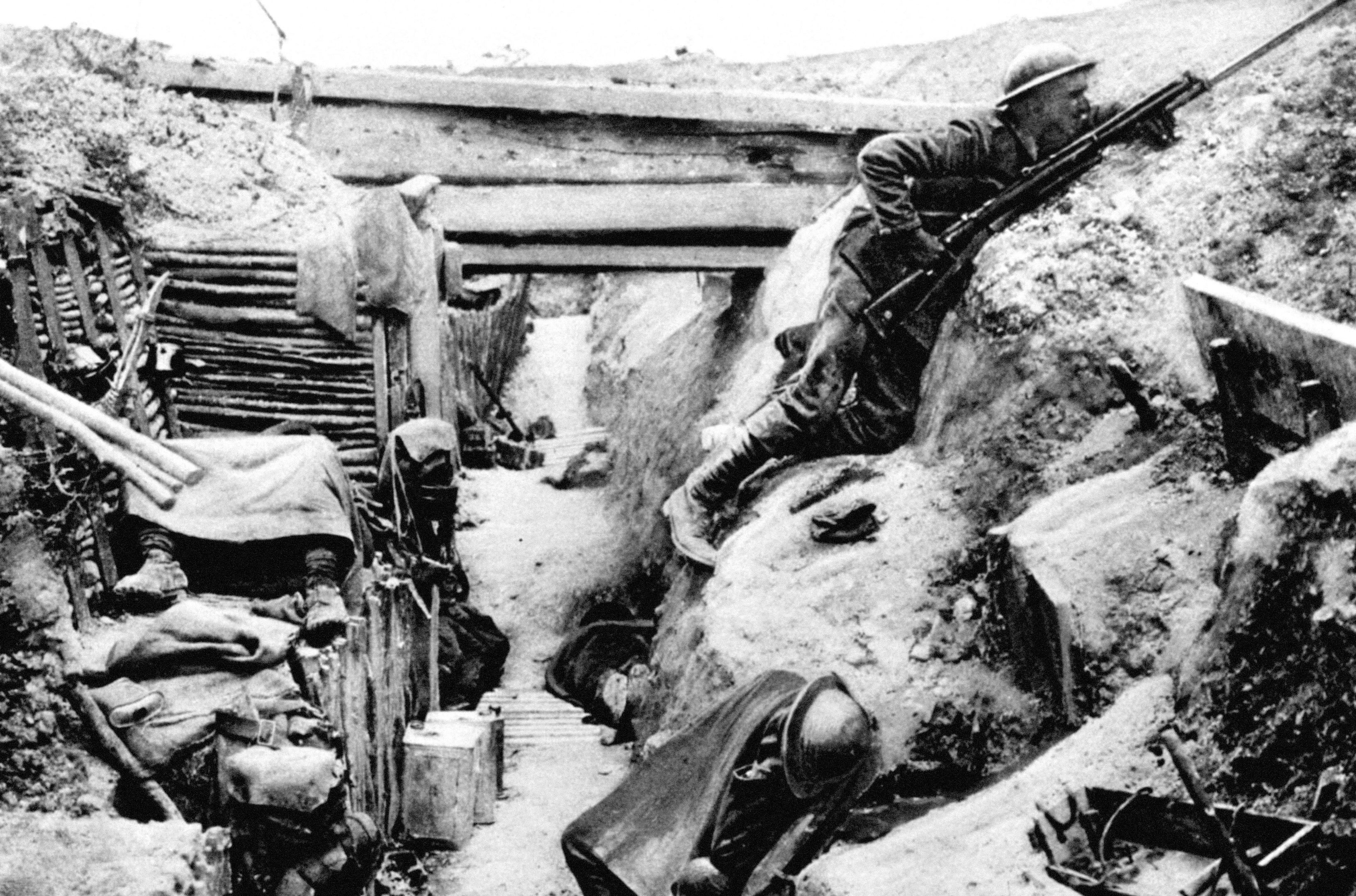 British comrades sleep in a captured German trench at Ovillers, near Albert, during the Battle of the Somme in 1916.