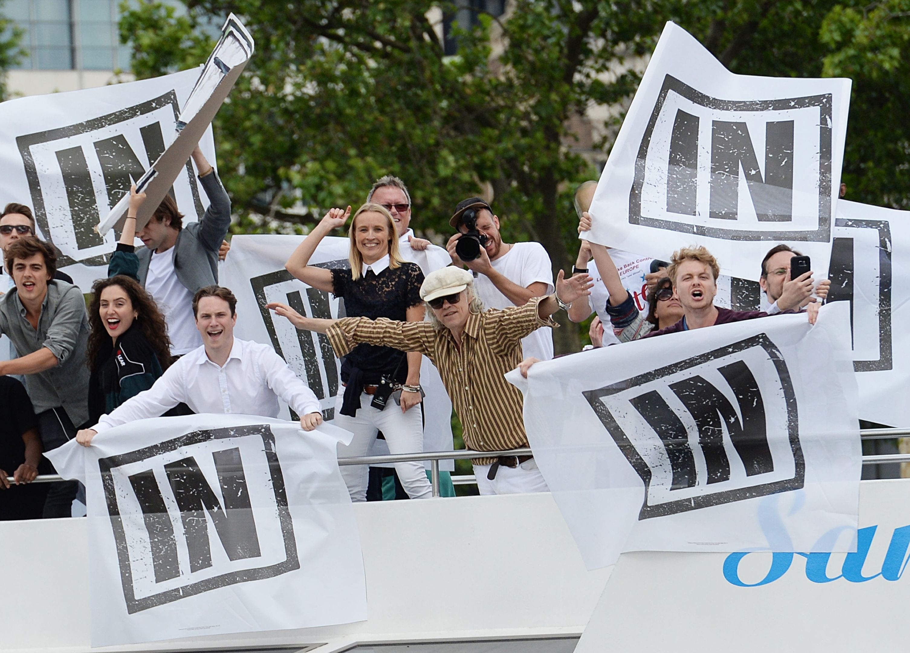 Bob Geldof on board a boat taking part in a pro-EU counter demonstration, as a Fishing for Leave pro-Brexit "flotilla" makes its way along the River Thames (Stefan Rousseau/PA Wire)