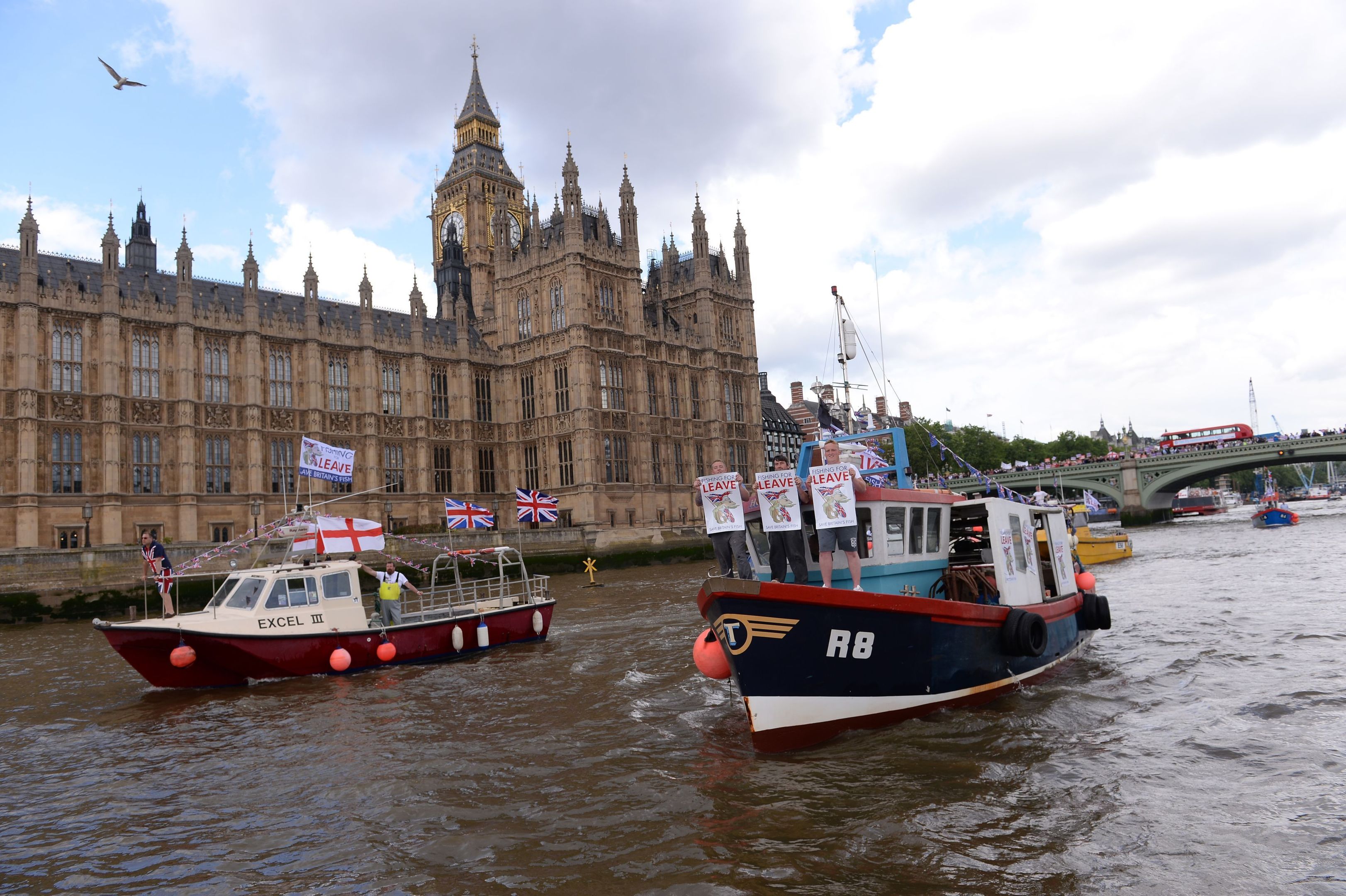 Fishermen from all over the country take part in a Fishing for Leave pro-Brexit flotilla on the River Thames, London (PA)