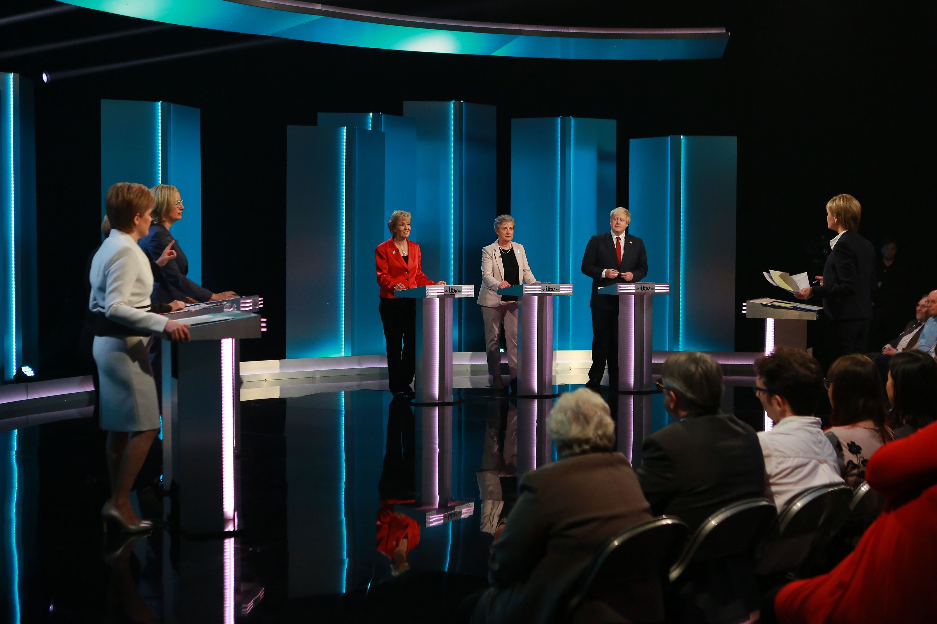 (L-R) Nicola Sturgeon, Angela Eagle, Amber Rudd, Andrea Leadsom, Gisela Stuart, Boris Johnson and Julie Etchingham during The ITV Referendum Debate on June 9, 2016 (Matt Frost/ITV via Getty Images)