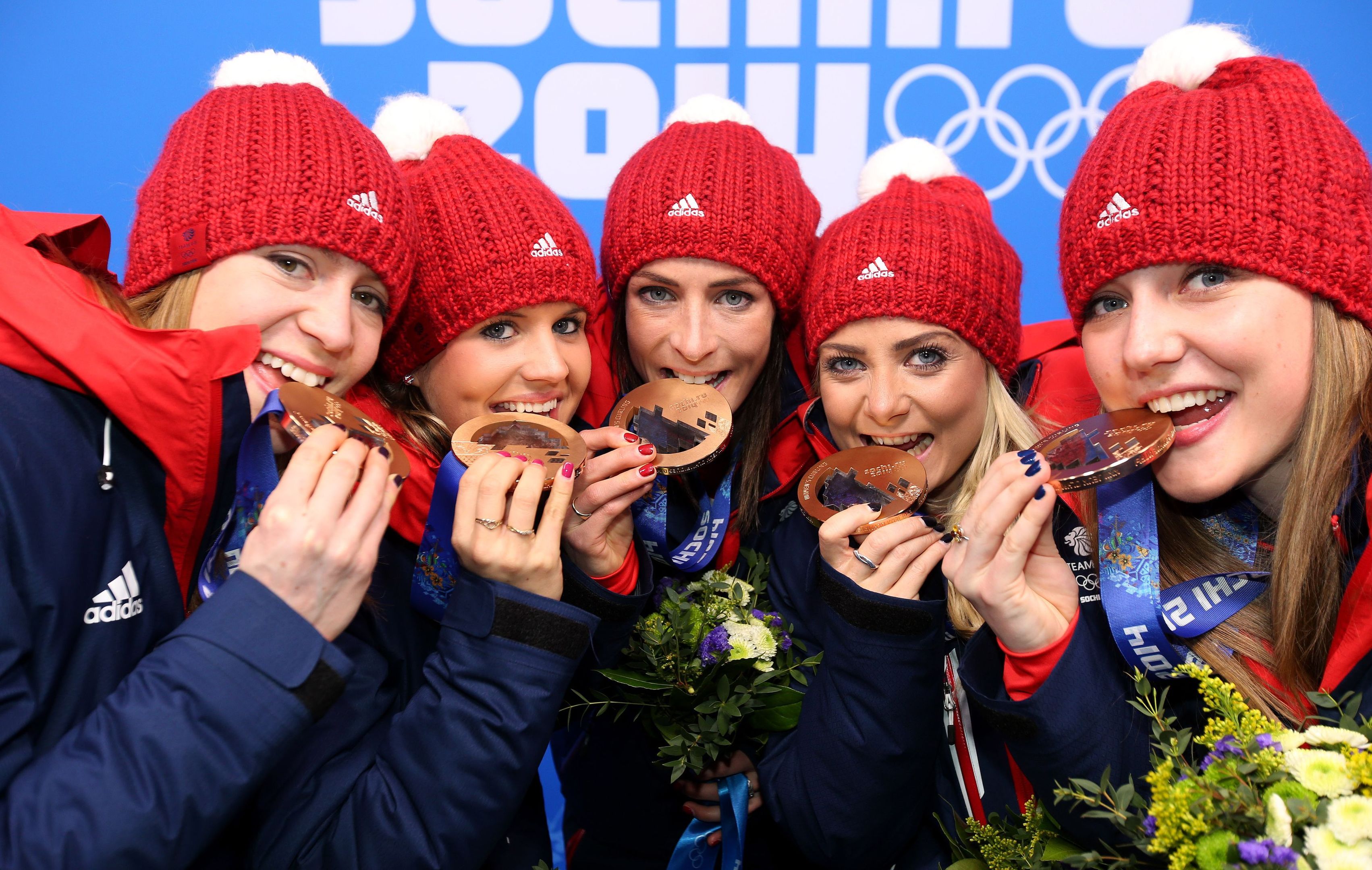 Great Britain's Women's curling team (left to right) Claire Hamilton, Vicki Adams, Eve Muirhead, Anna Sloan and Lauren Gray with their Bronze medals (Andrew Milligan/PA)