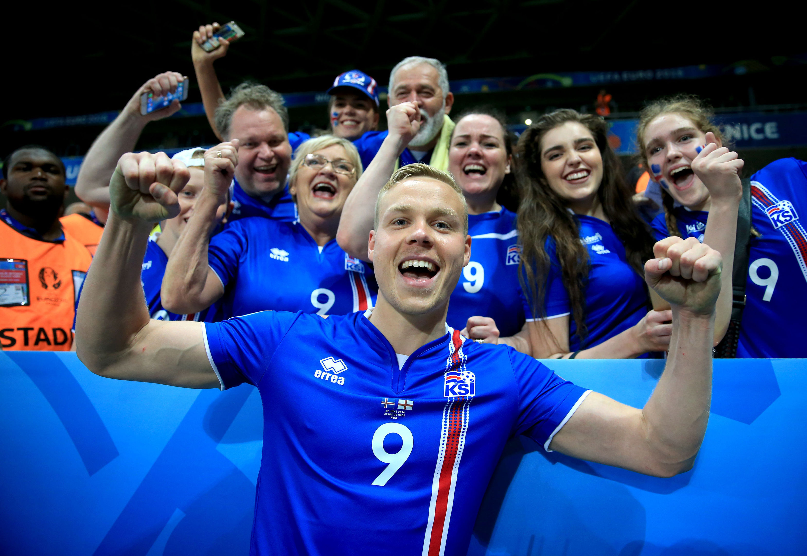 Iceland's Kolbeinn Sigthorsson celebrates victory with fans (Nick Potts/PA Wire)
