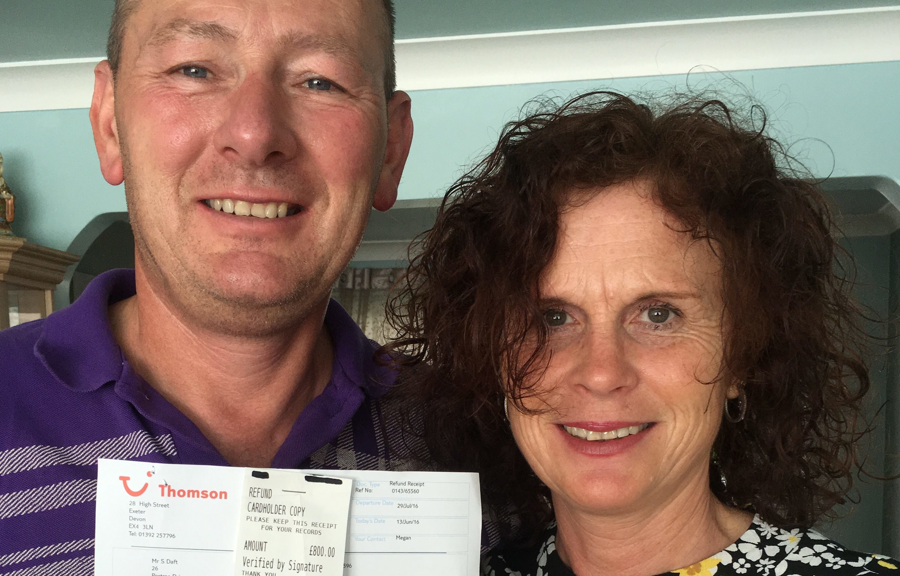 A delighted Stephen and Jill with a letter confirming their £800 refund.