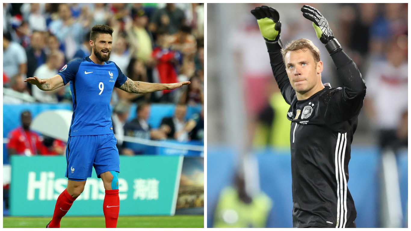 Olivier Giroud (L) will be hoping to find a way past German keeper Manuel Neuer (Chris Radburn/PA Wire & AP Photo/Thanassis Stavrakis)