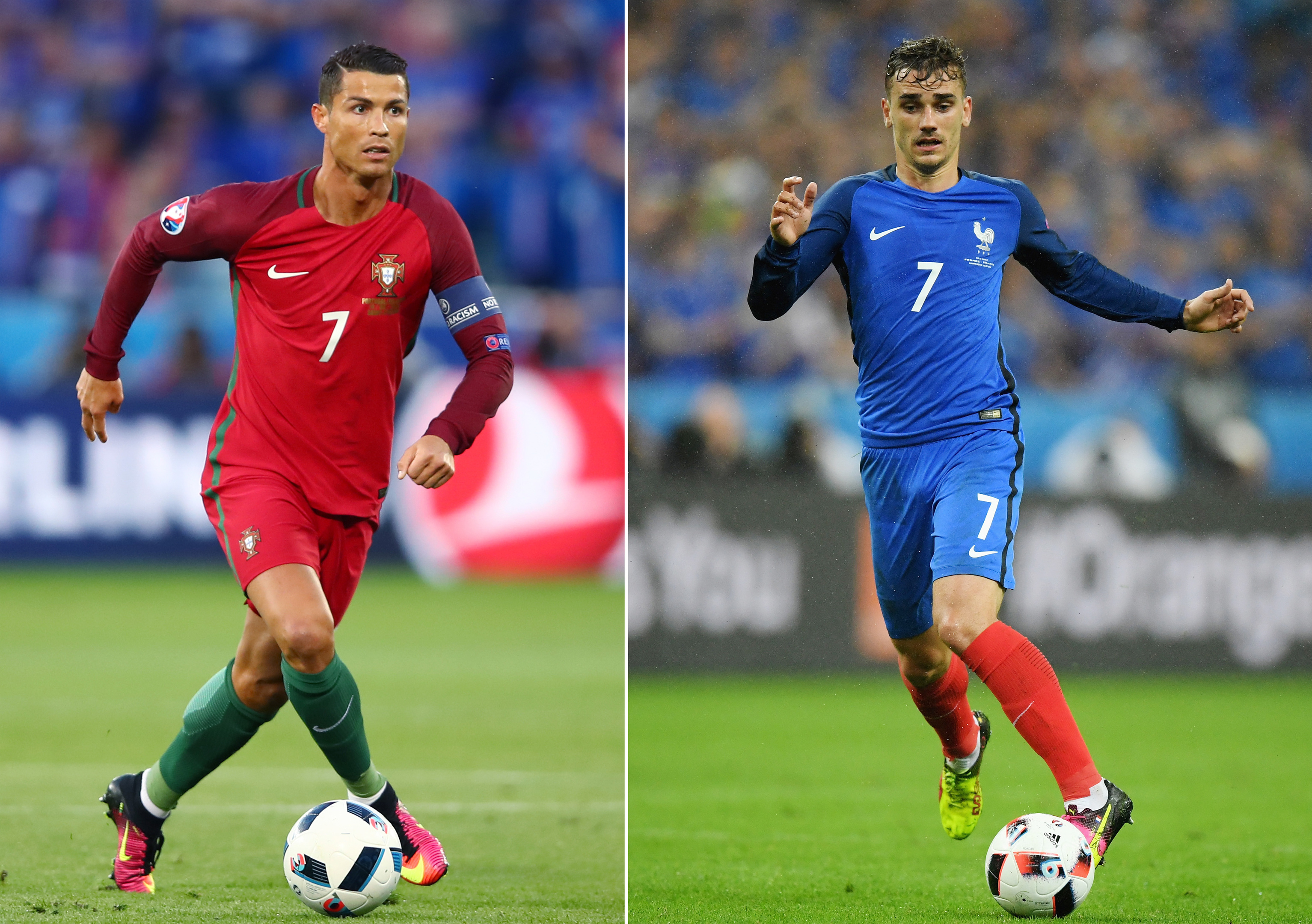 Cristiano Ronaldo of Portugal (L) and Antoine Griezmann of France. (Matthias Hangst/Getty Images)