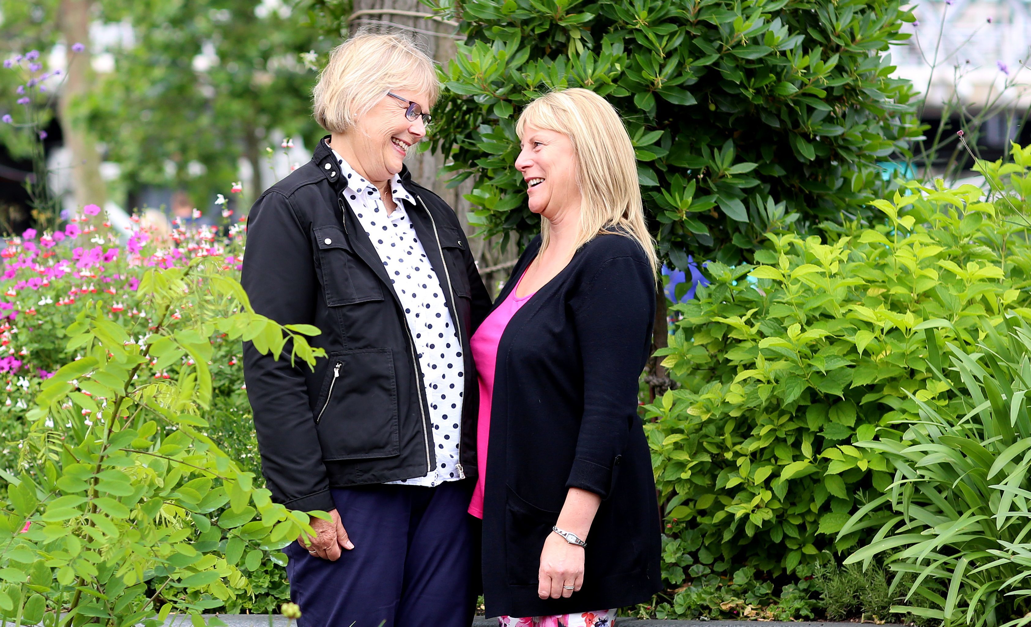 Julie Merrilees (right) who donated her stem cells, through the Anthony Nolan Trust, to Julie Rhoades (left) when she was diagnosed with leukemia seven years ago (Clara Molden for The Telegraph)