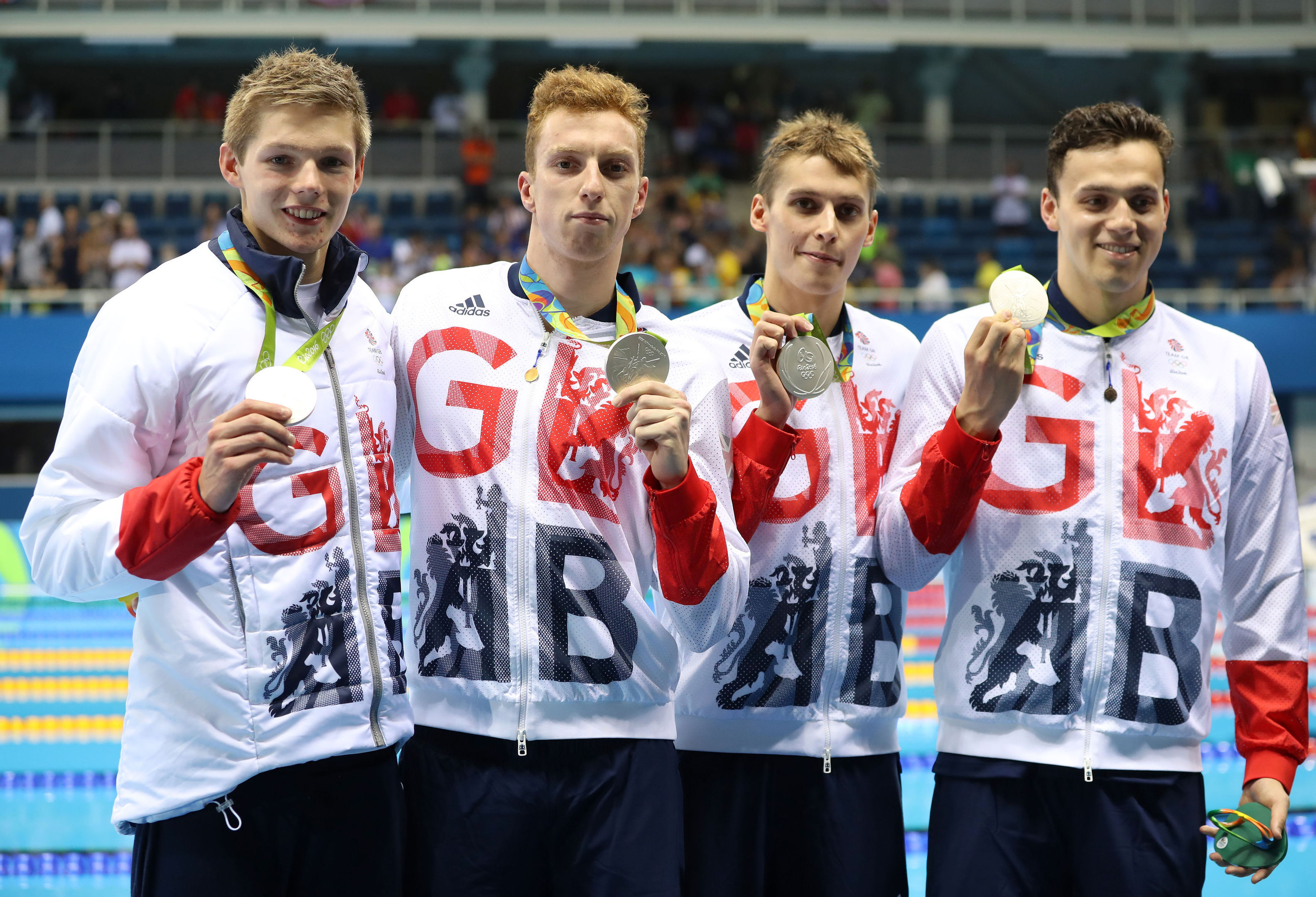 Great Britain's James Guy, Stephen Milne, Duncan Scott and Dan Wallace with their silver medals (Mike Egerton/PA Wire)