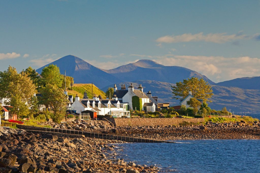 Cottages at Applecross and the mountains of South Skye