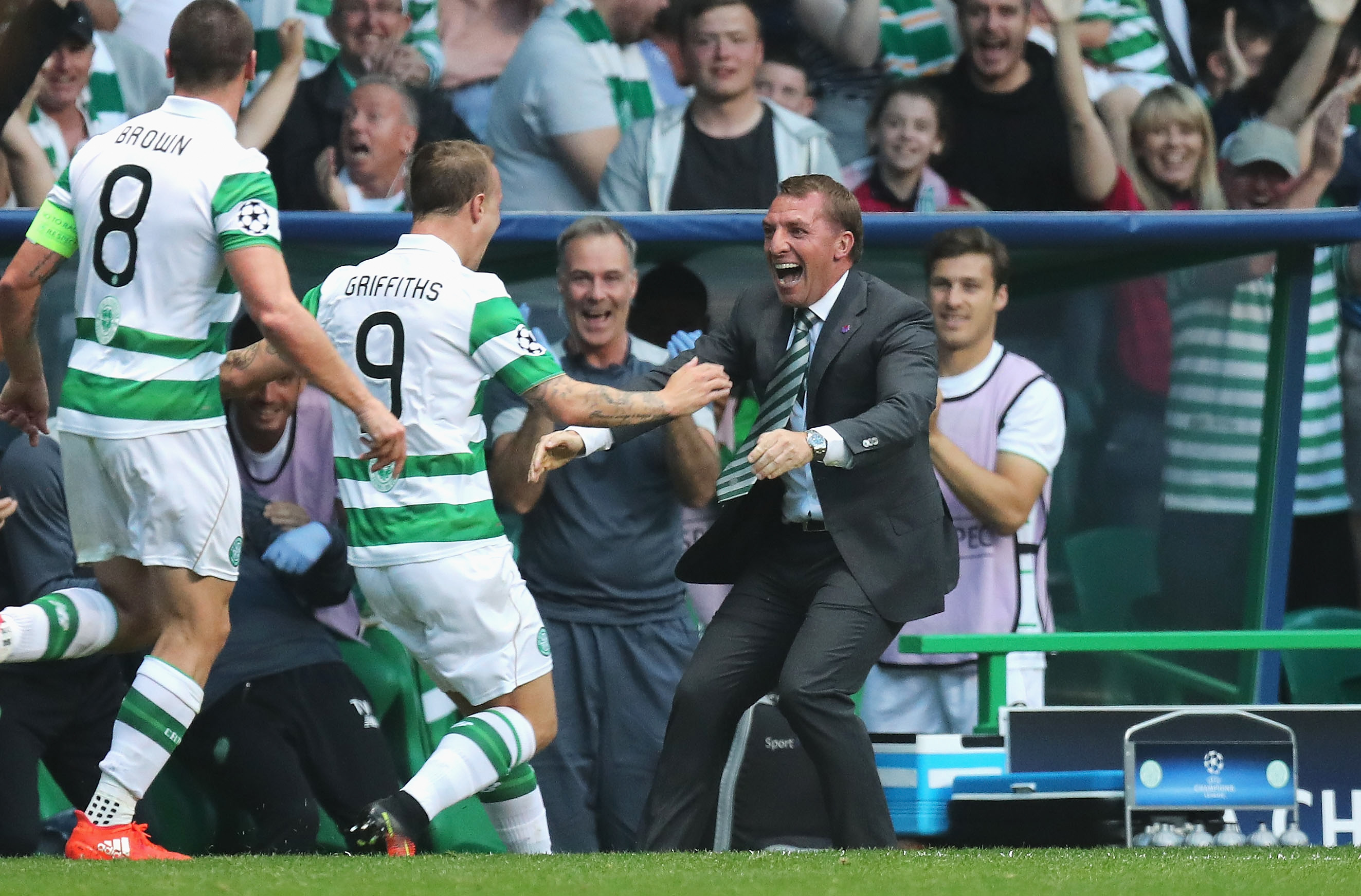 Leigh Griffiths celebrates with Brendan Rodgers (Steve Welsh/Getty Images)