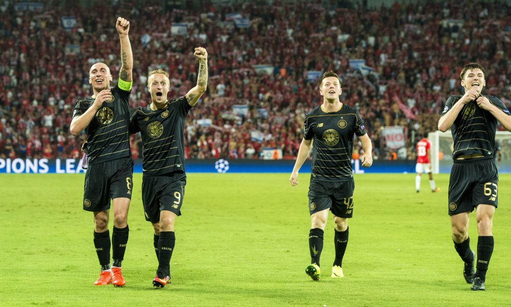 Celtic's (L-R) Scott Brown, Leigh Griffiths, Callum McGregor and Kieran Tierney at full-time (SNS Group / Craig Williamson)