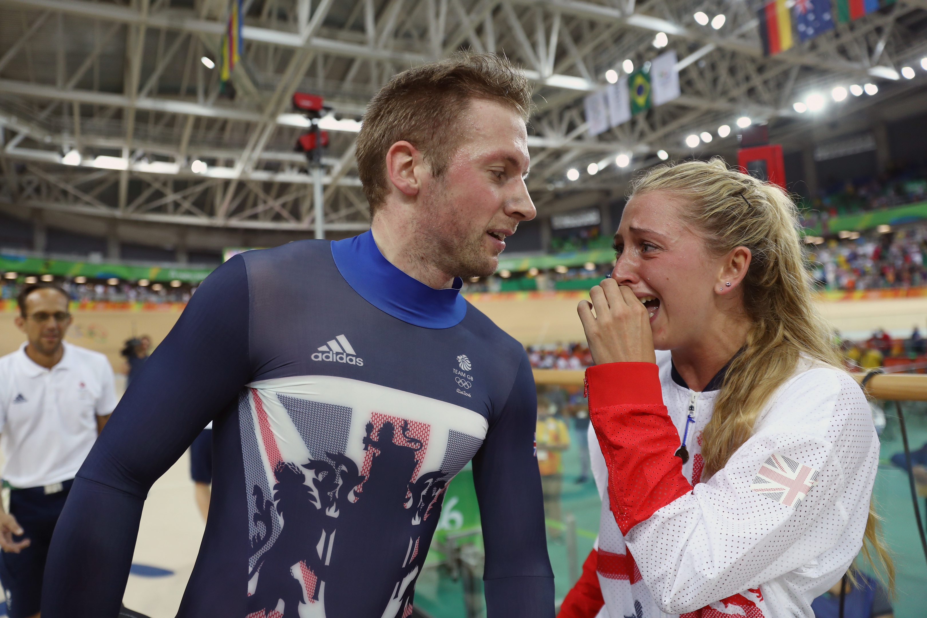 Gold medalist Jason Kenny of Great Britain celebrates with girlfriend, cycling gold medalist Laura Trott of Great Britain (Bryn Lennon/Getty Images)