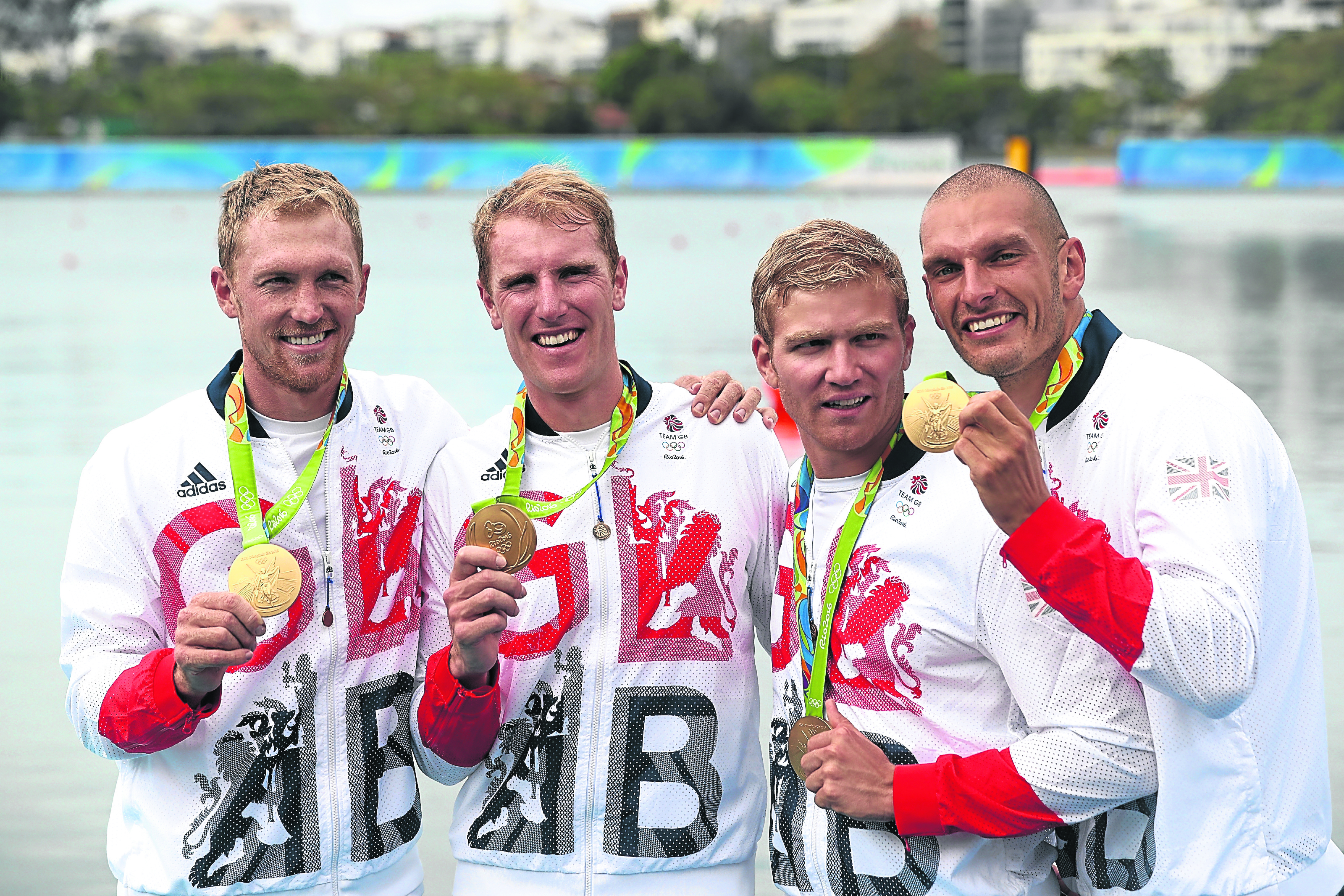 Gold medalists Alex Gregory, Mohamed Sbihi, George Nash and Constantine Louloudis of Great Britain (Photo by Ezra Shaw/Getty Images)
