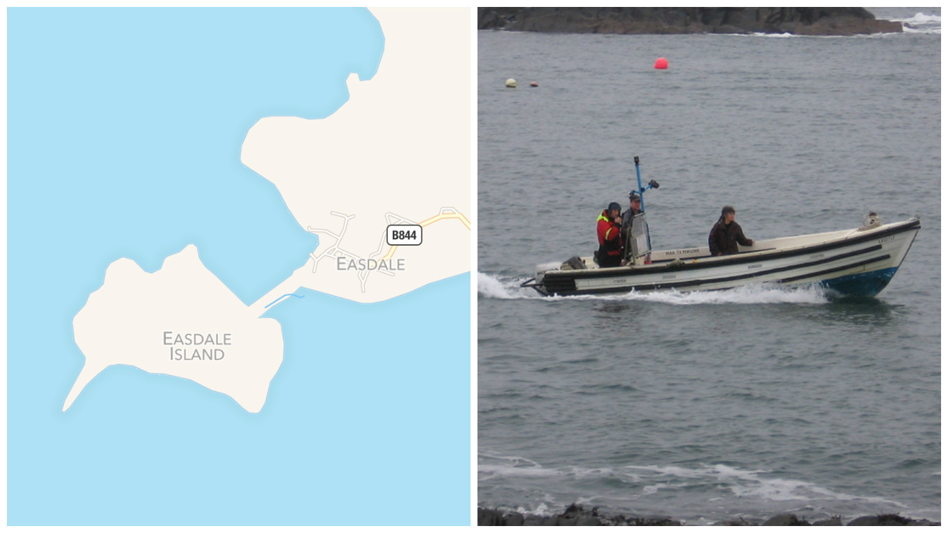 Apple Maps shows a strip of land between the two islands, but a ferry is required to cross