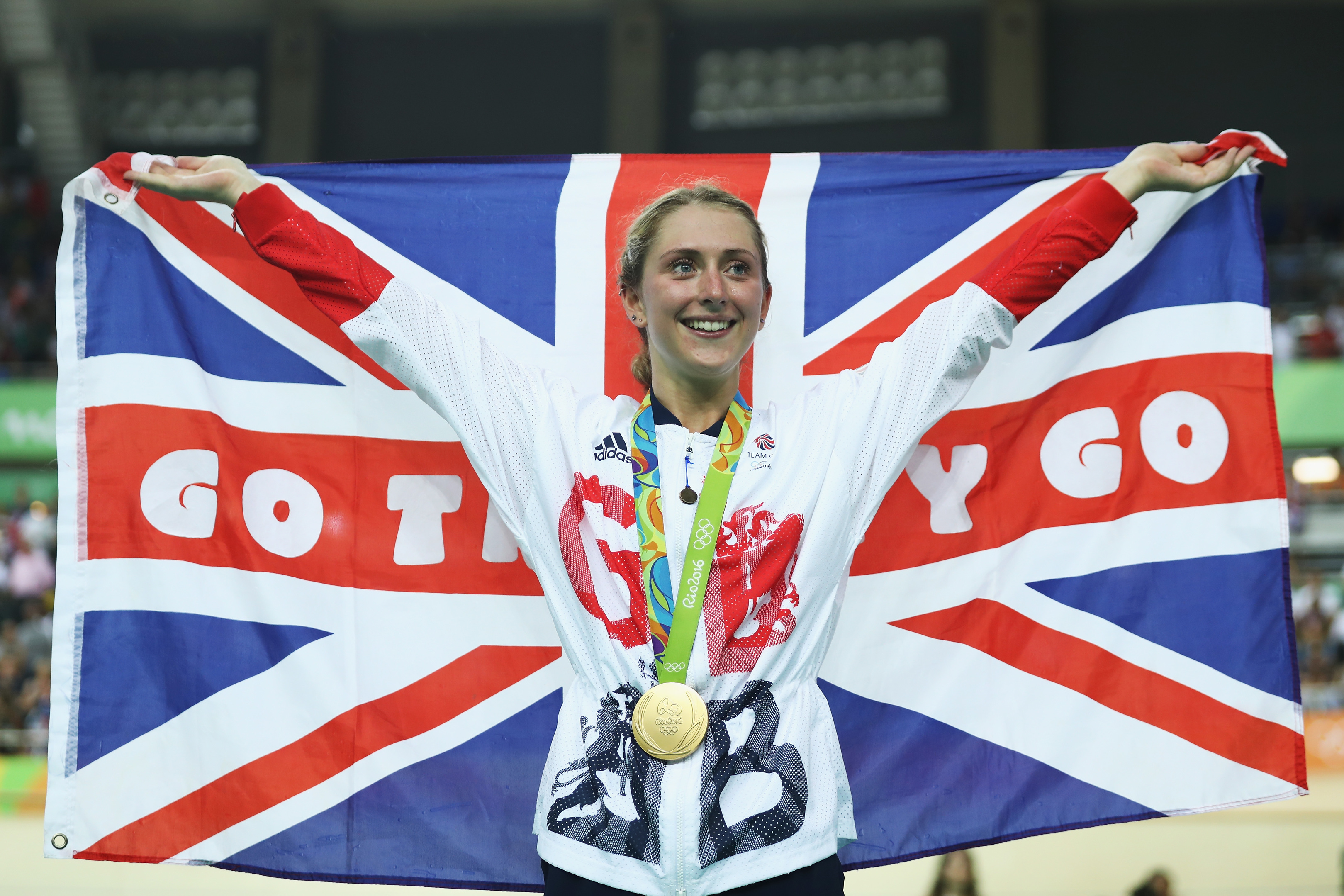 Gold medalist Laura Trott of Great Britain celebrates during the medal ceremony after the women's Omnium Points race (Bryn Lennon/Getty Images)