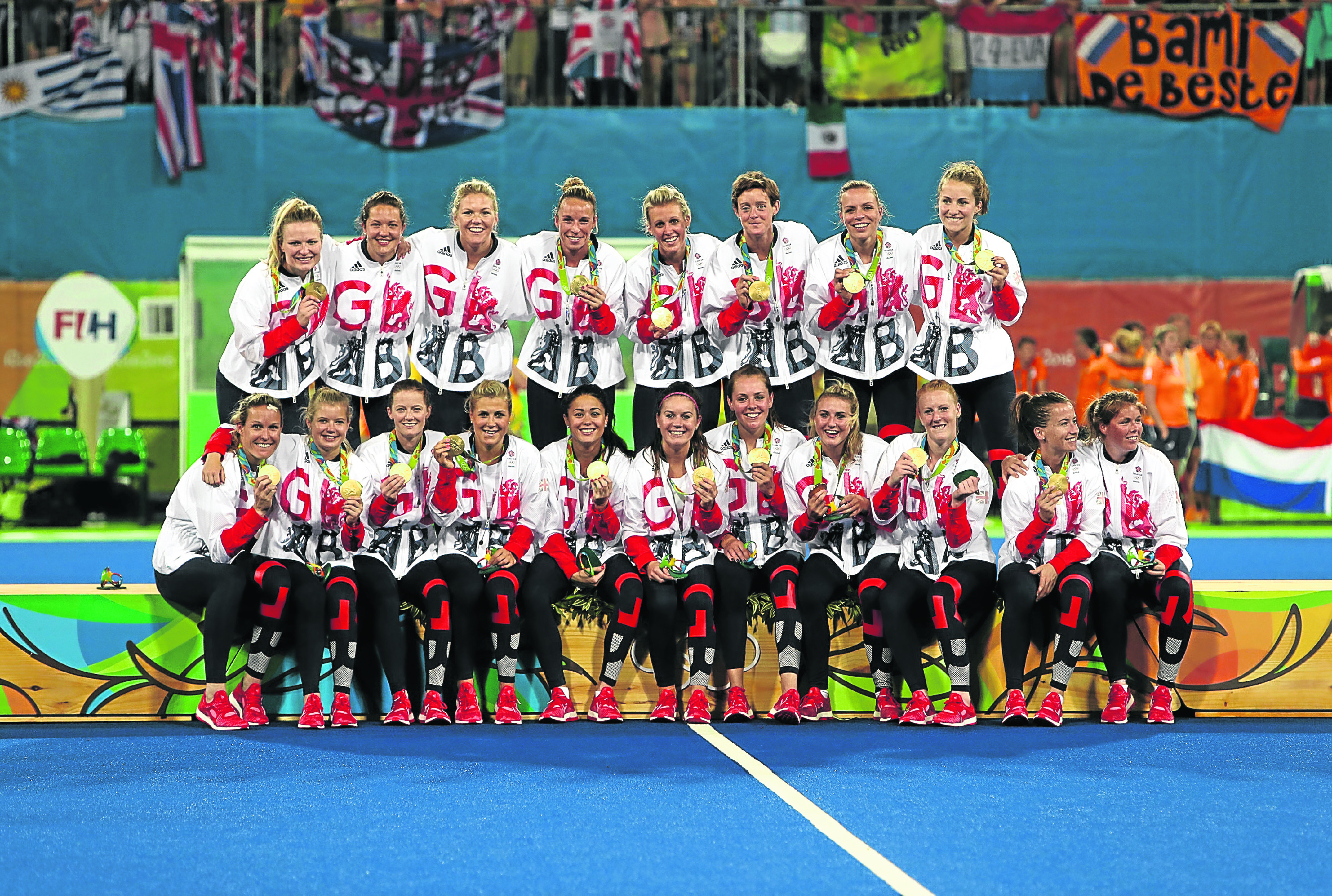 Great Britain with their medals following victory over Holland in the gold medal match at the Olympic Hockey Centre on the Fourteenth day of the Rio Olympics Games, Brazil (David Davies/PA)