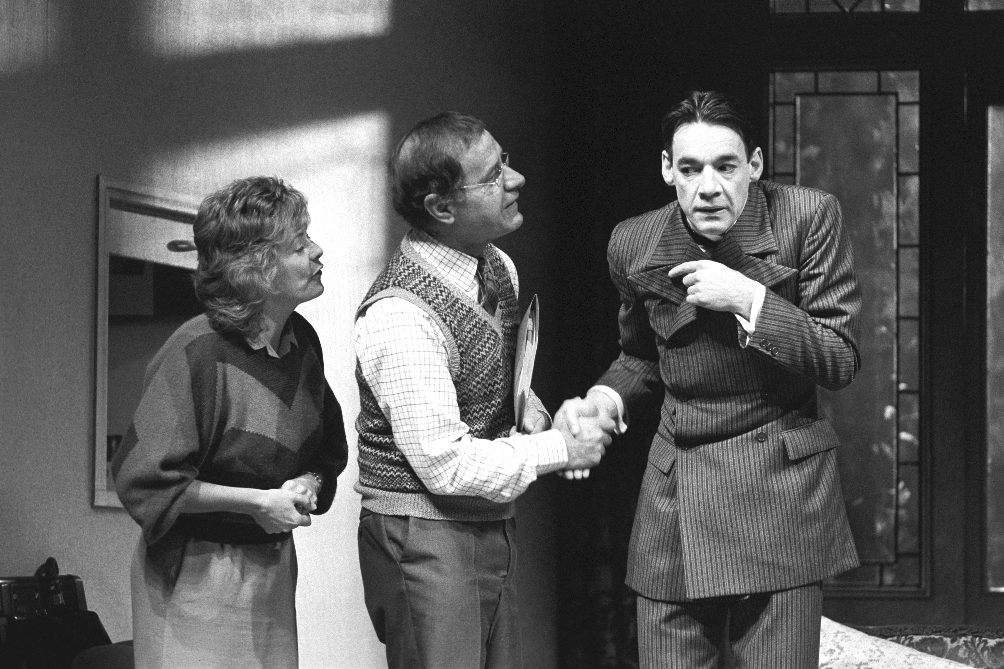 (l-r) Alison Steadman, Geoffrey Palmer and Roger Lloyd Pack in rehearsal at the Royal Court Theatre for Alan Bennett's play Kafka's Dick at Royal Court Theatre, London