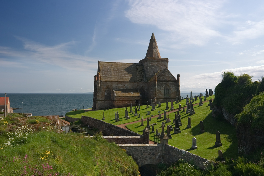 The ancient thirteenth century coastal church beside the North Sea at St. Monans, Fife, Scotland