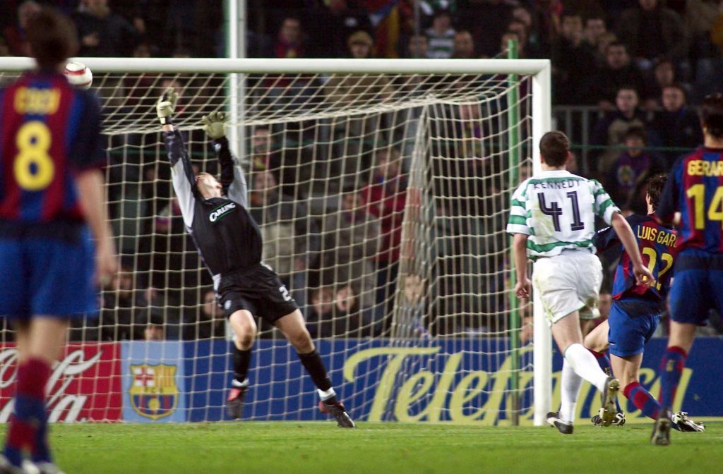 Celtic rookie David Marshall pulls off a stunning save from Luis Garcia to cap a man of the match performance at the Nou Camp, 2004 (SNS Group)