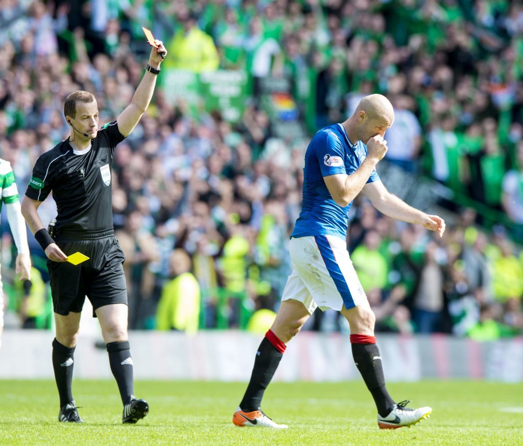 Rangers' Philippe Senderos (right) is shown a red card (SNS Group / Sammy Turner)