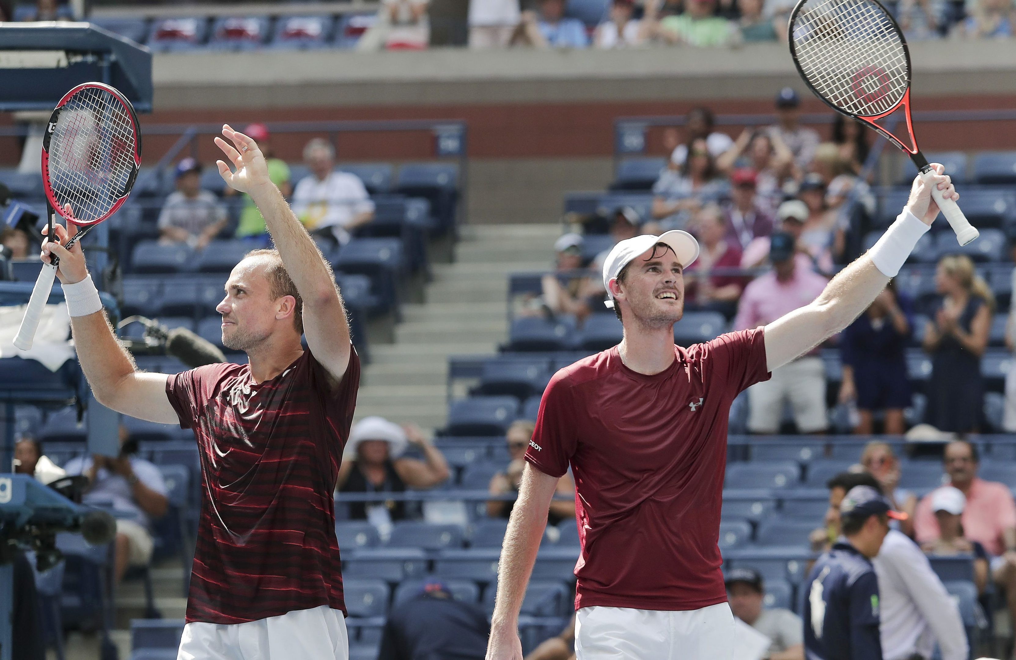 Bruno Soares,left, and Jamie Murray celebrate (AP Photo/Julie Jacobson)