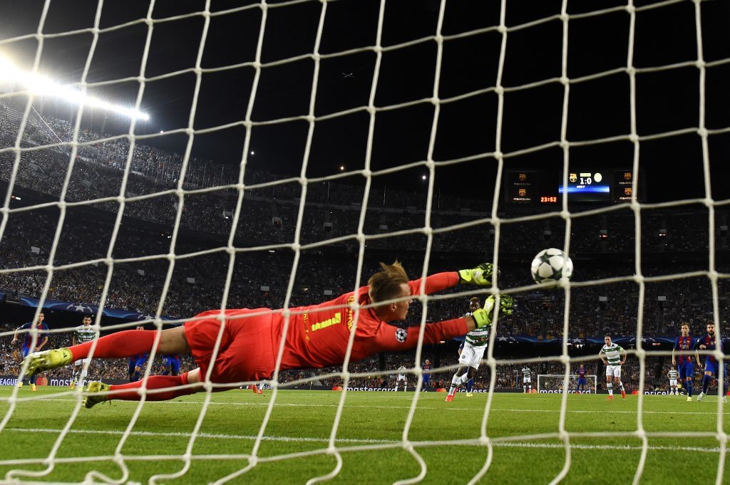 Marc-Andre ter Stegen saves a penalty from Moussa Dembele (David Ramos/Getty Images)