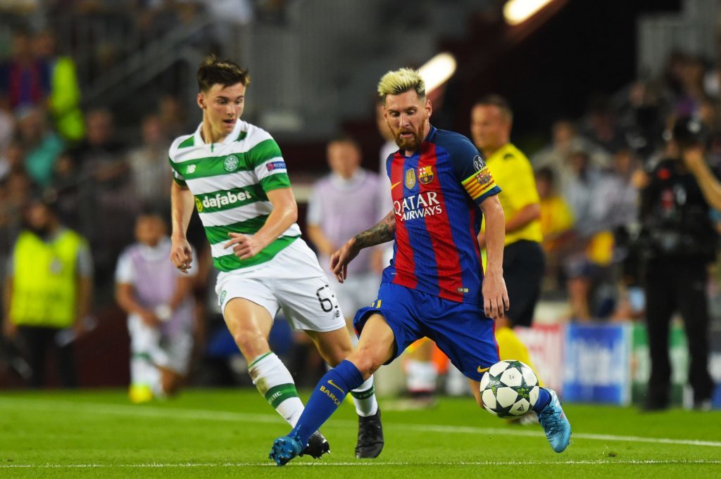 Celtic's Kieran Tierney and Barca's Lionel Messi (SNS Group)