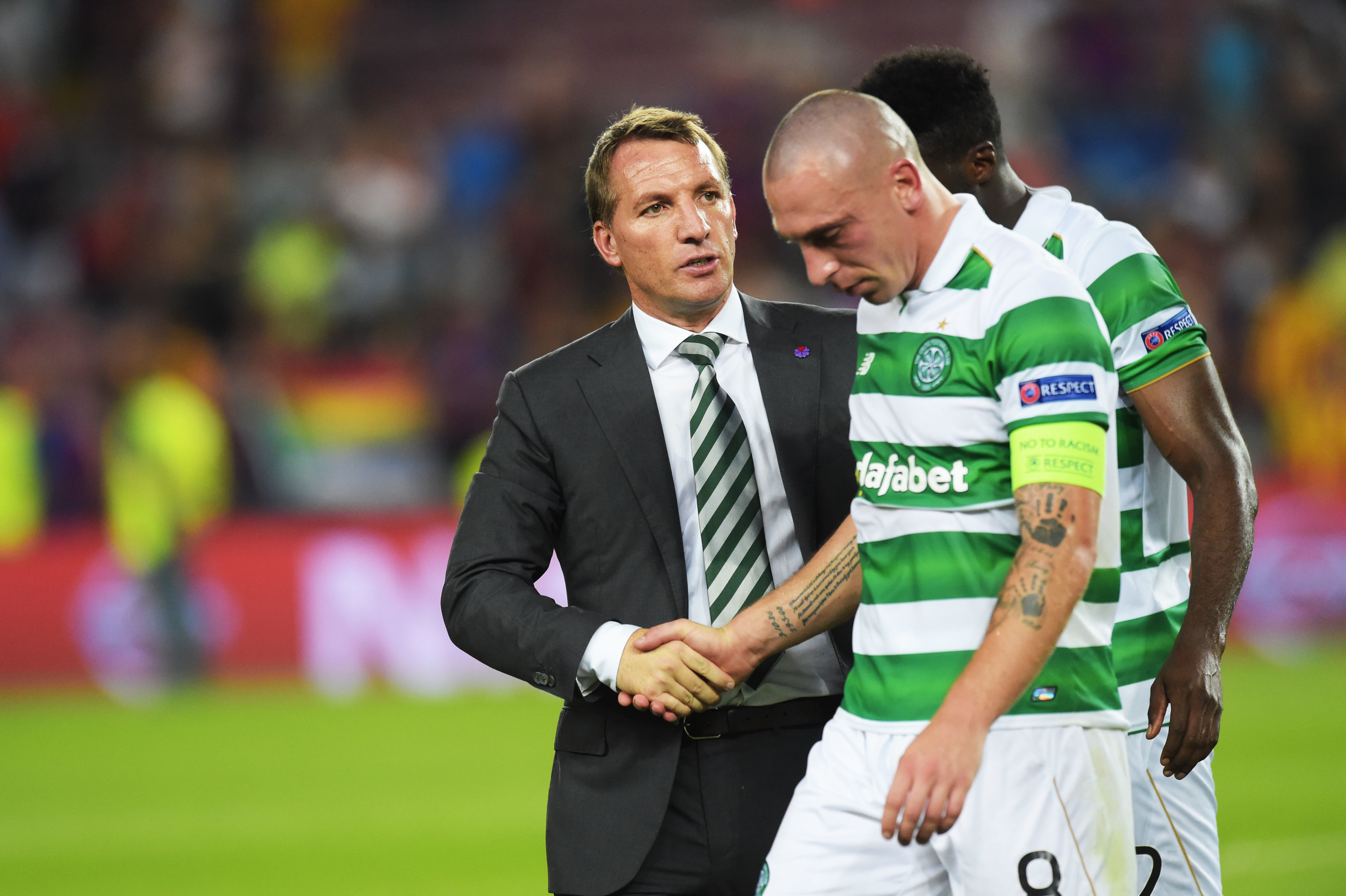 Celtic manager Brendan Rodgers consoles Scott Brown at full time (SNS Group / Craig Williamson)