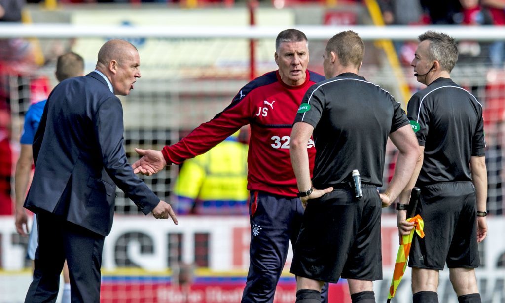 Rangers manager Mark Warburton and the match officials at full time (SNS Group)