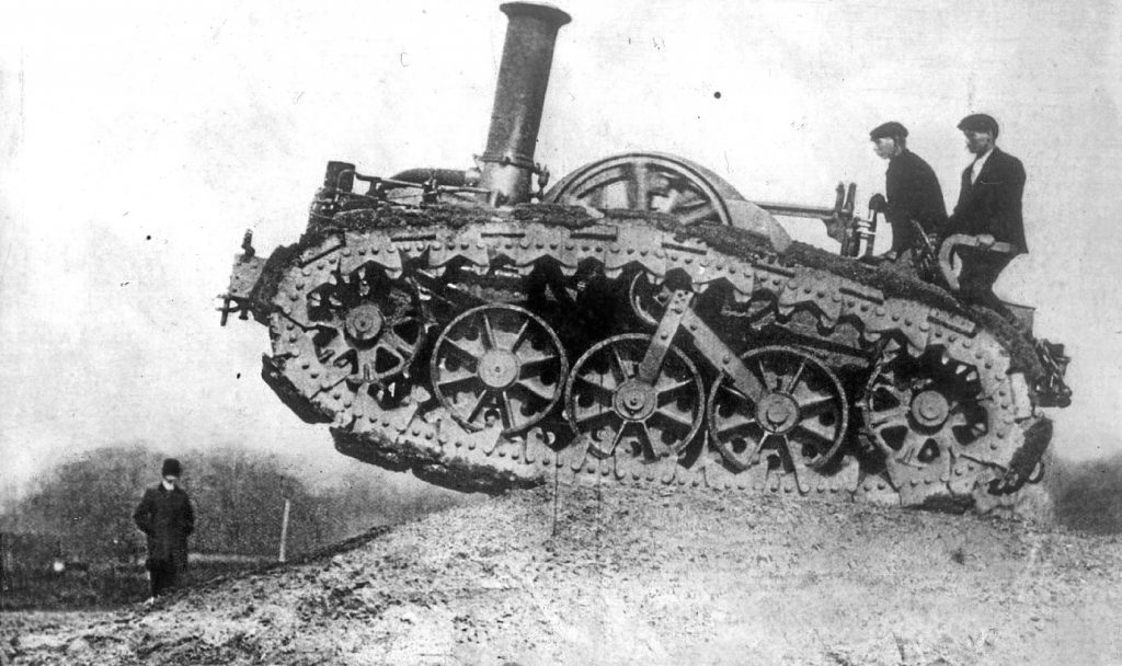 First World War tanks were descendants of vehicles like this early caterpillar-track farm machine (Hulton Archive/Getty Images)