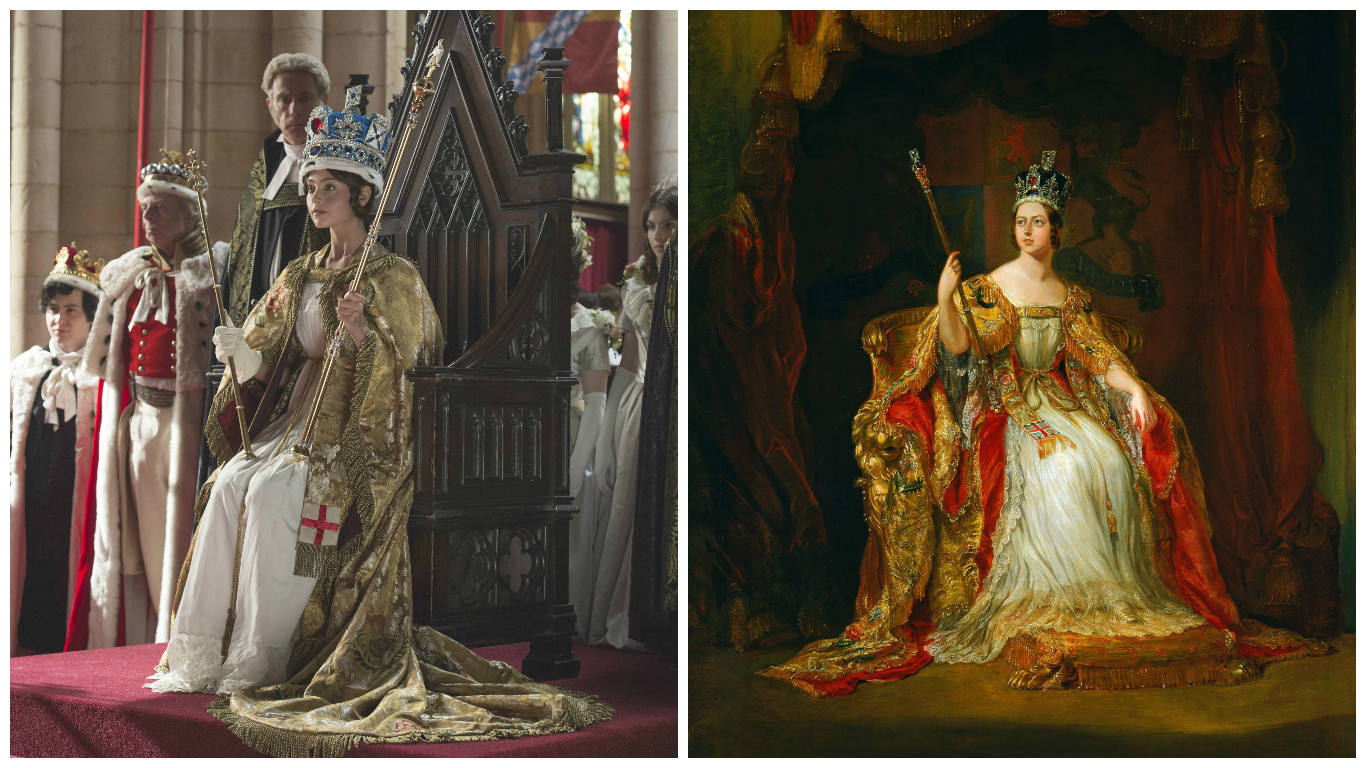 Queen Victoria (Left: Jenna Coleman from Queen, by ITV, Right: portrait of Queen Victoria)
