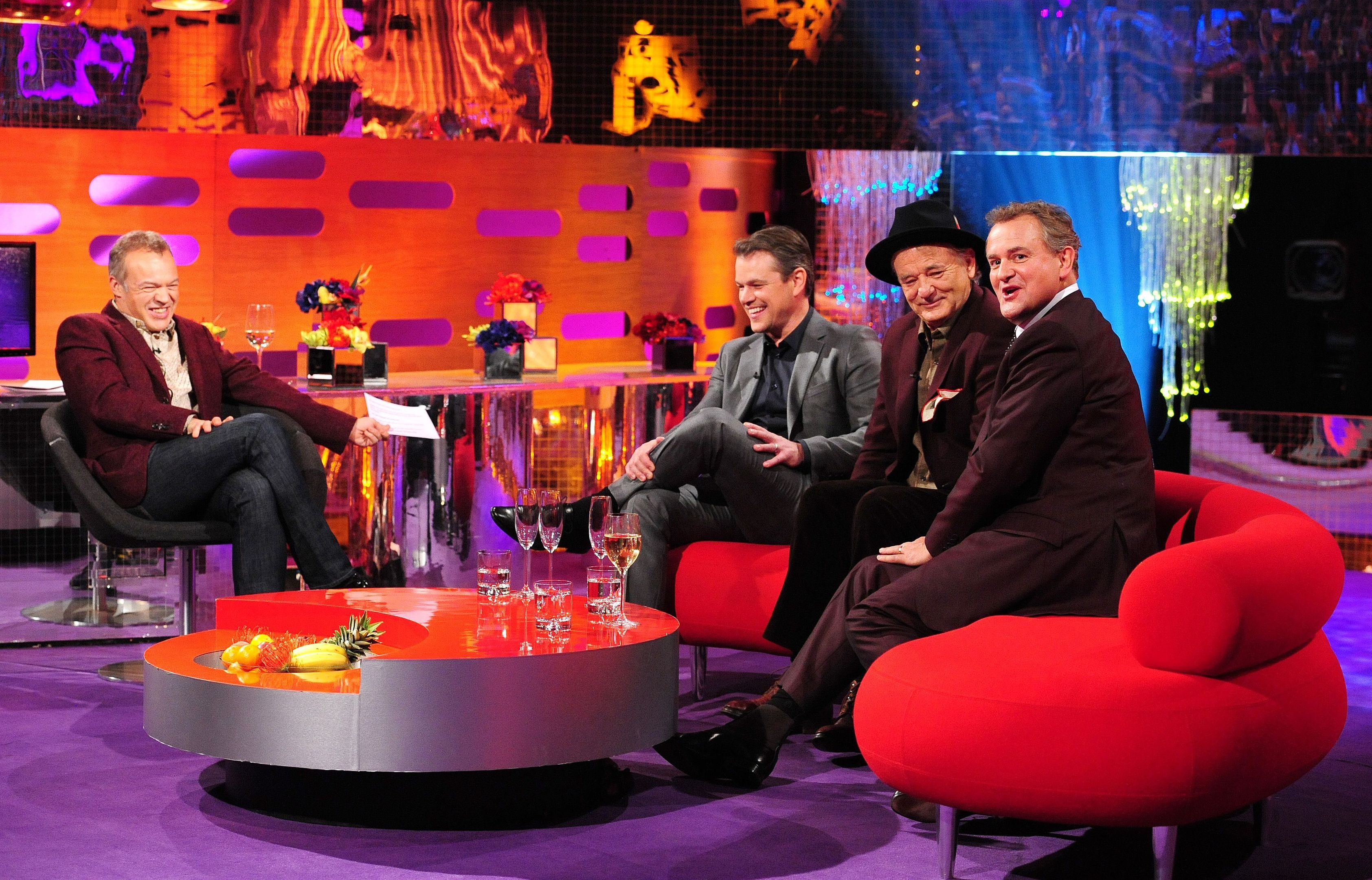 (Left - right) Host Graham Norton, Matt Damon, Bill Murray and Hugh Bonneville during filming of the Graham Norton Show, at the London Studios (BBC)