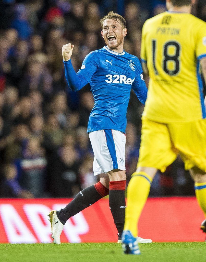 Joe Garner celebrates his equaliser (Craig Watson/PA Wire)