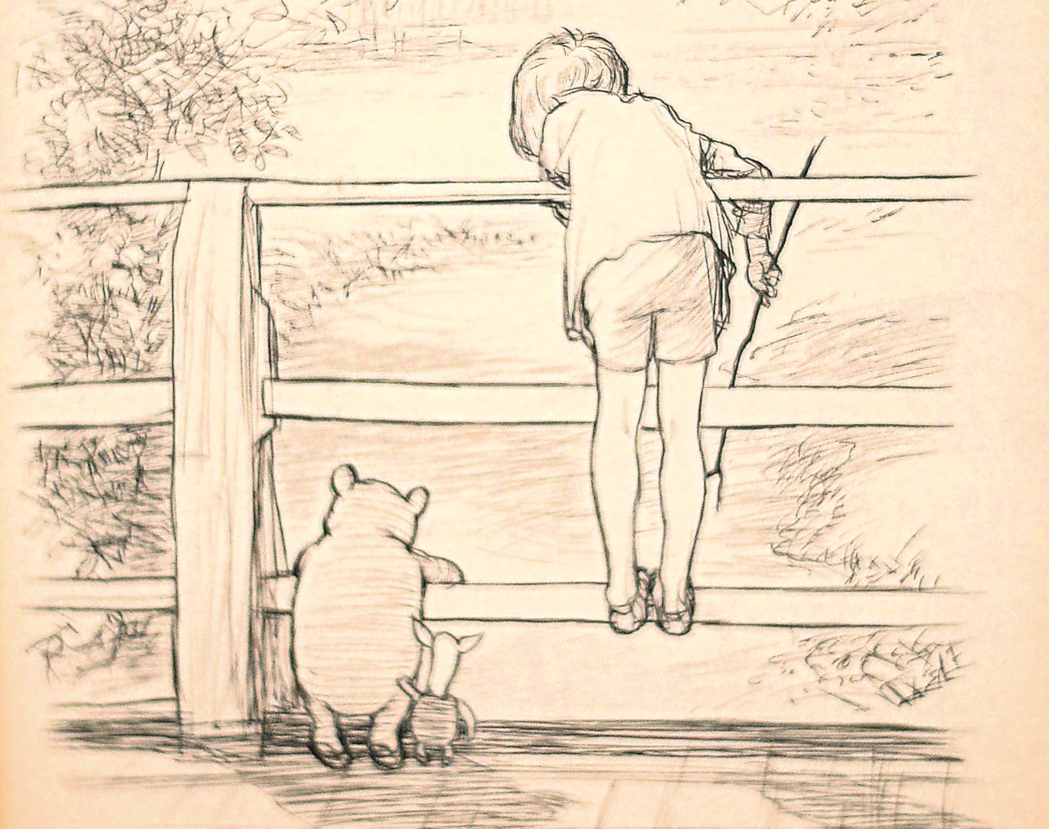 The drawing by E.H Shepard of Winnie the Pooh