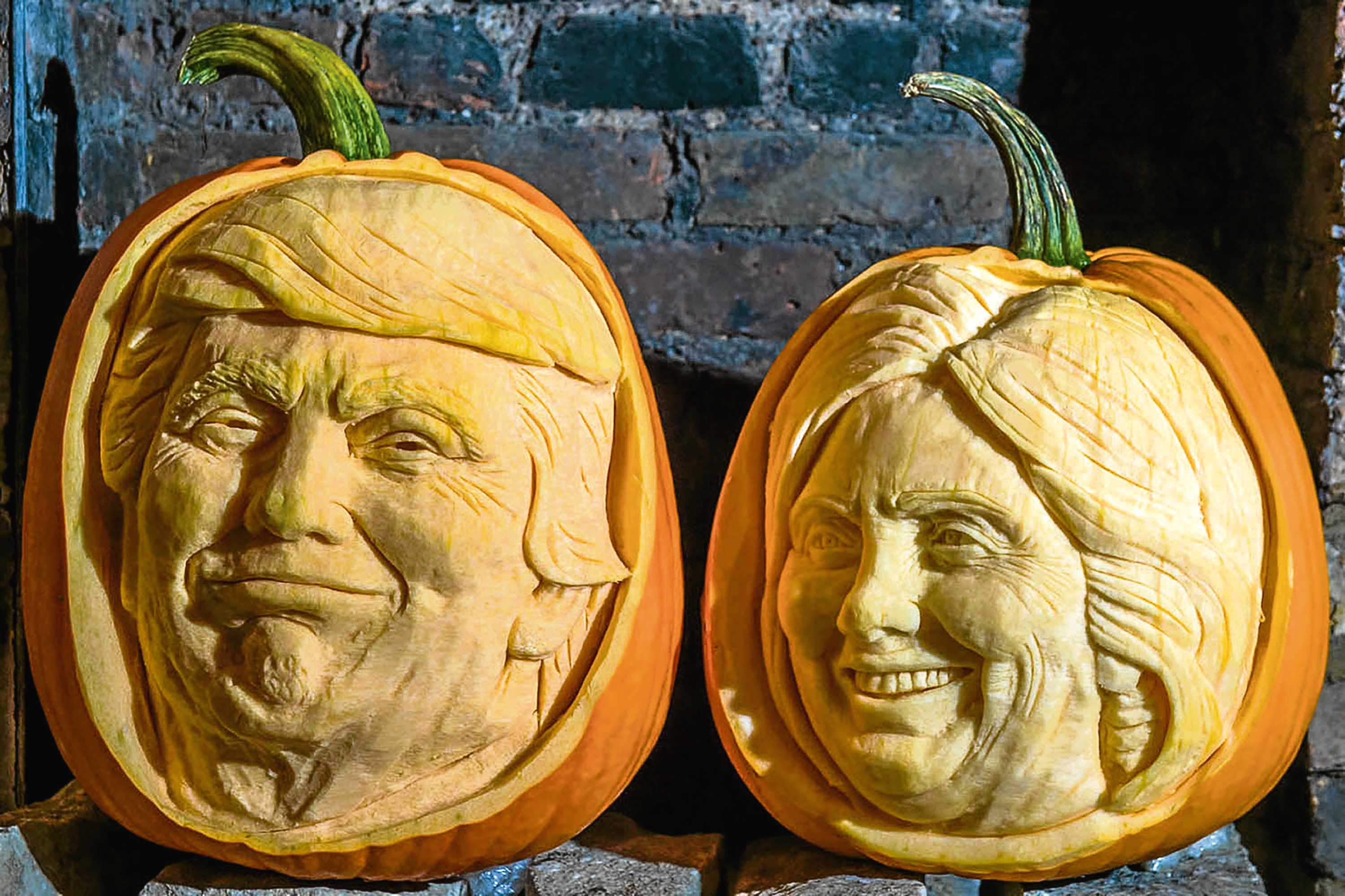 To celebrate National Pumpkin Day on Wednesday 26th Oct, Sainsburyâ¬"s commissioned pumpkin carvings of three of the most currently recognised faces - Donald Trumpkin, Hil-eerie Clinton and Simon Howl.