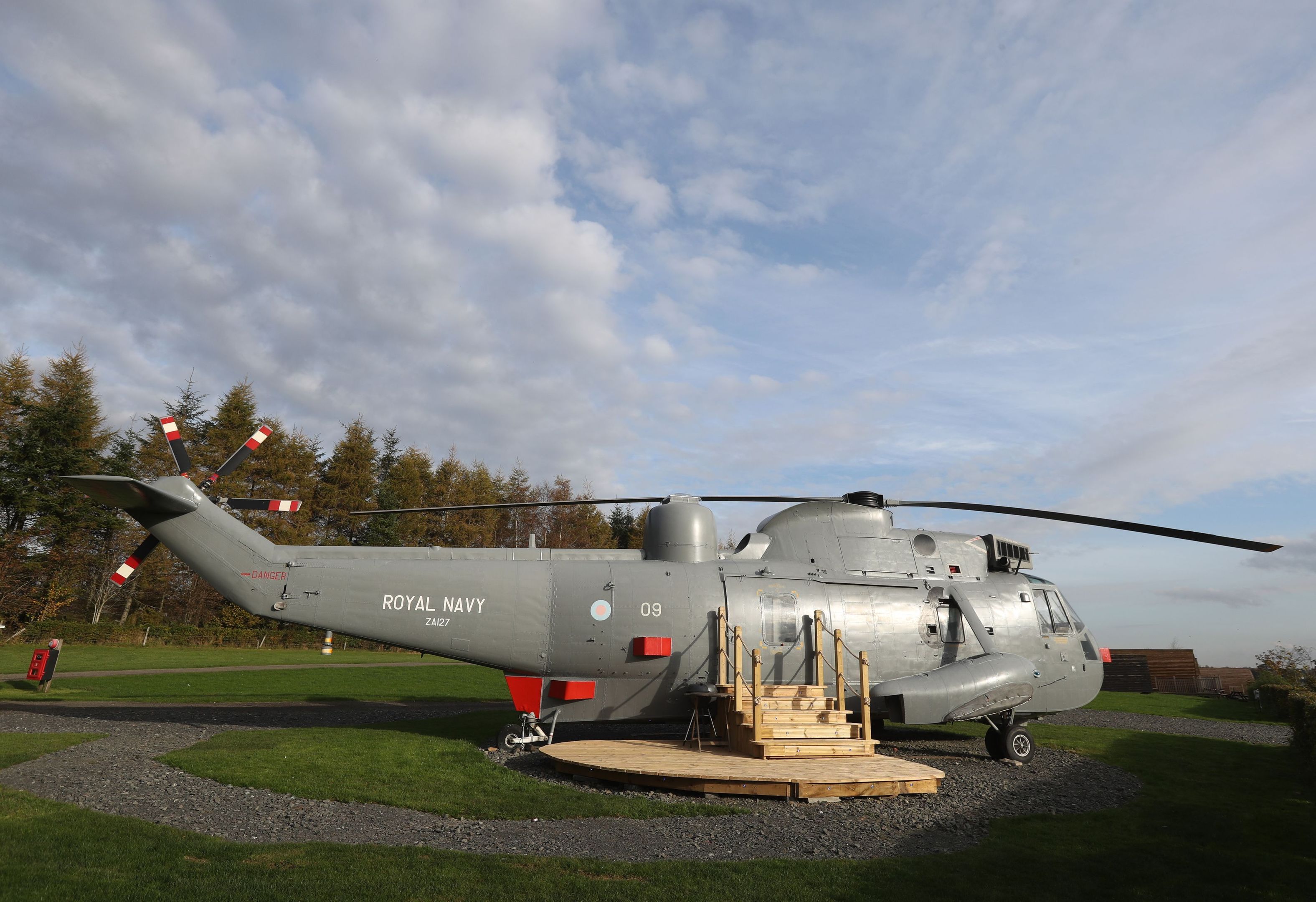 The retired Sea King helicopter which has returned to active service, this time as Scotland's most unusual place to stay, a holiday home at Mains Farm Wigwams (Andrew Milligan/PA)