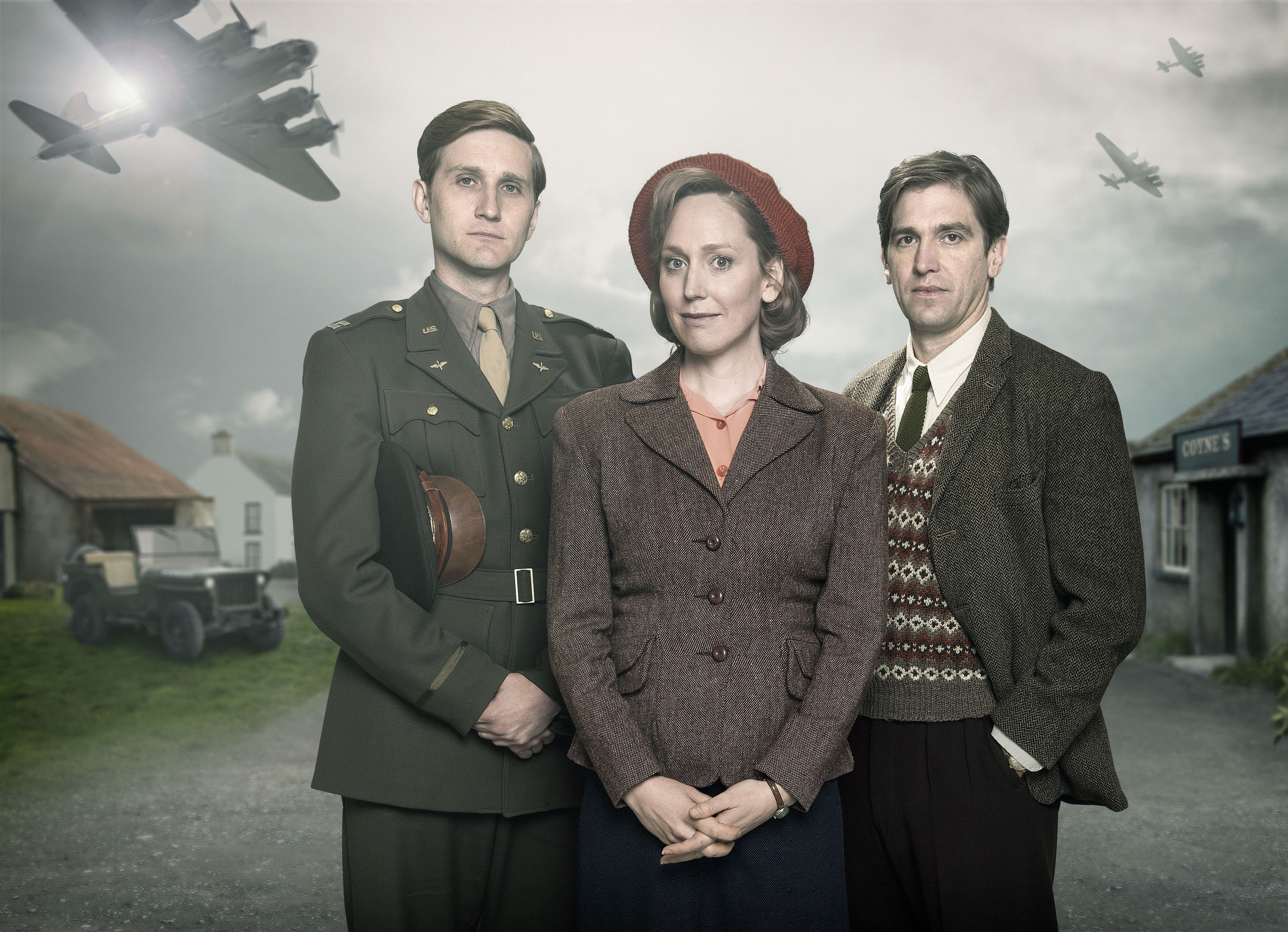 Hattie (centre) with Aaron Staton (left) and Owen McDonnell (PA Photo/BBC/Stefan Hill)