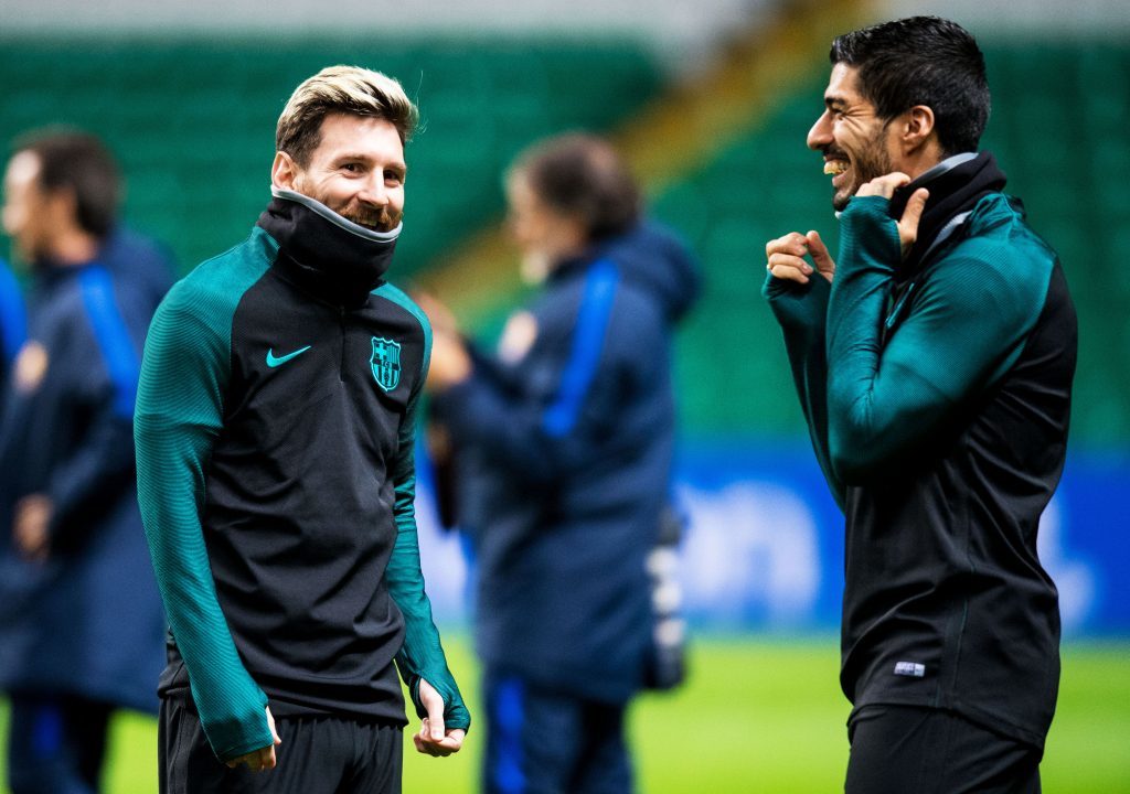 Barcelona's Lionel Messi (L) and Luis Suarez (R) training at Celtic Park (Andrew Milligan / PA)