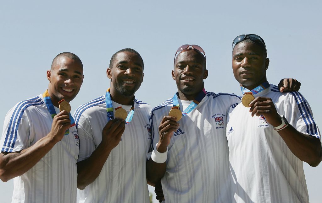 2004 Olympic 4x100m relay Champions (L-R) Jason Gardner, Darren Campbell, Marlon Devonish and Mark Lewis-Francis (Bryn Lennon/Getty Images)