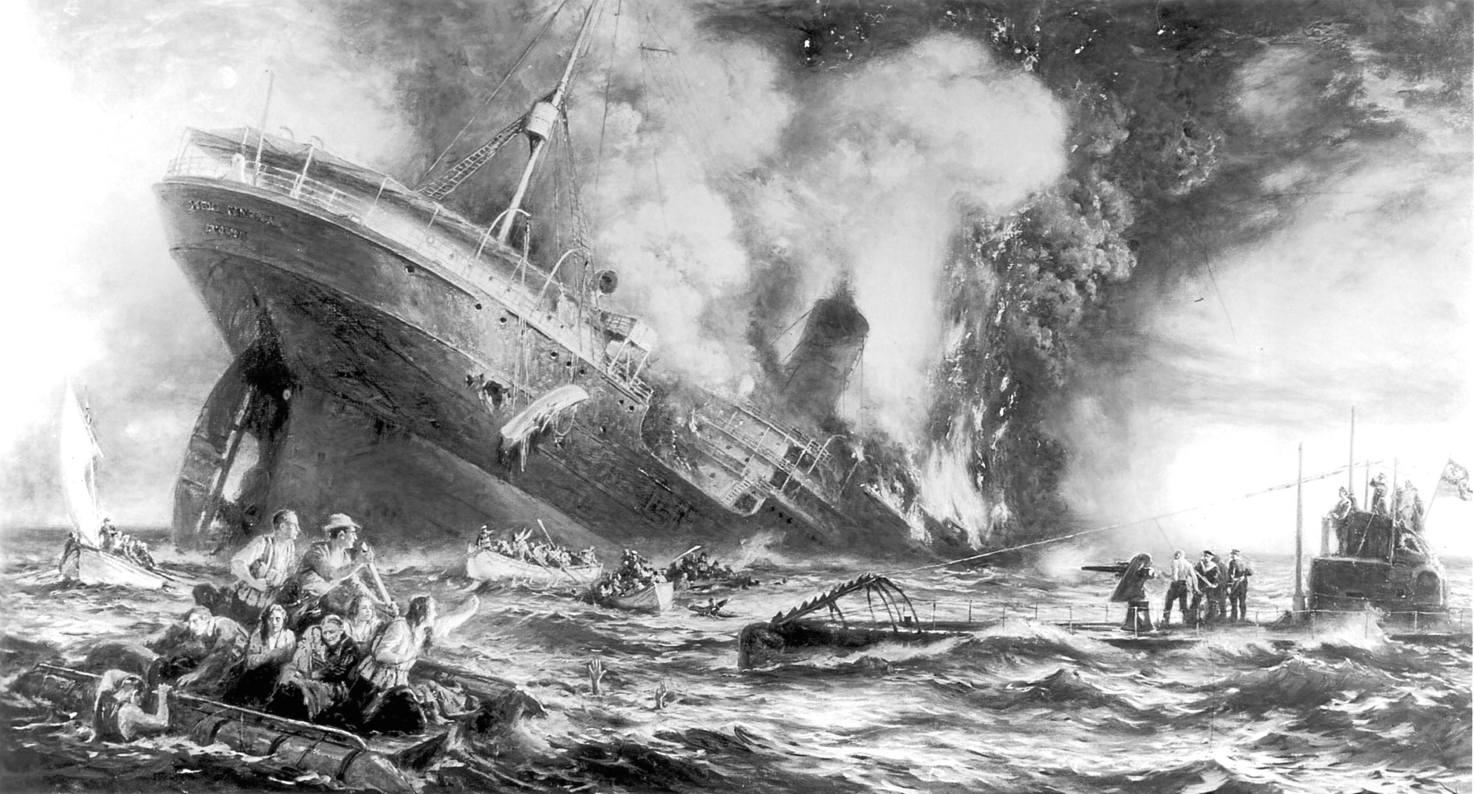 7th May 1915: The sinking of the Cunard ocean liner 'Lusitania' by a German submarine off the Old Head of Kinsale, Ireland. 128 US citizens lost their lives and the tragedy helped bring the USA into World War I. (Photo by Three Lions/Getty Images)