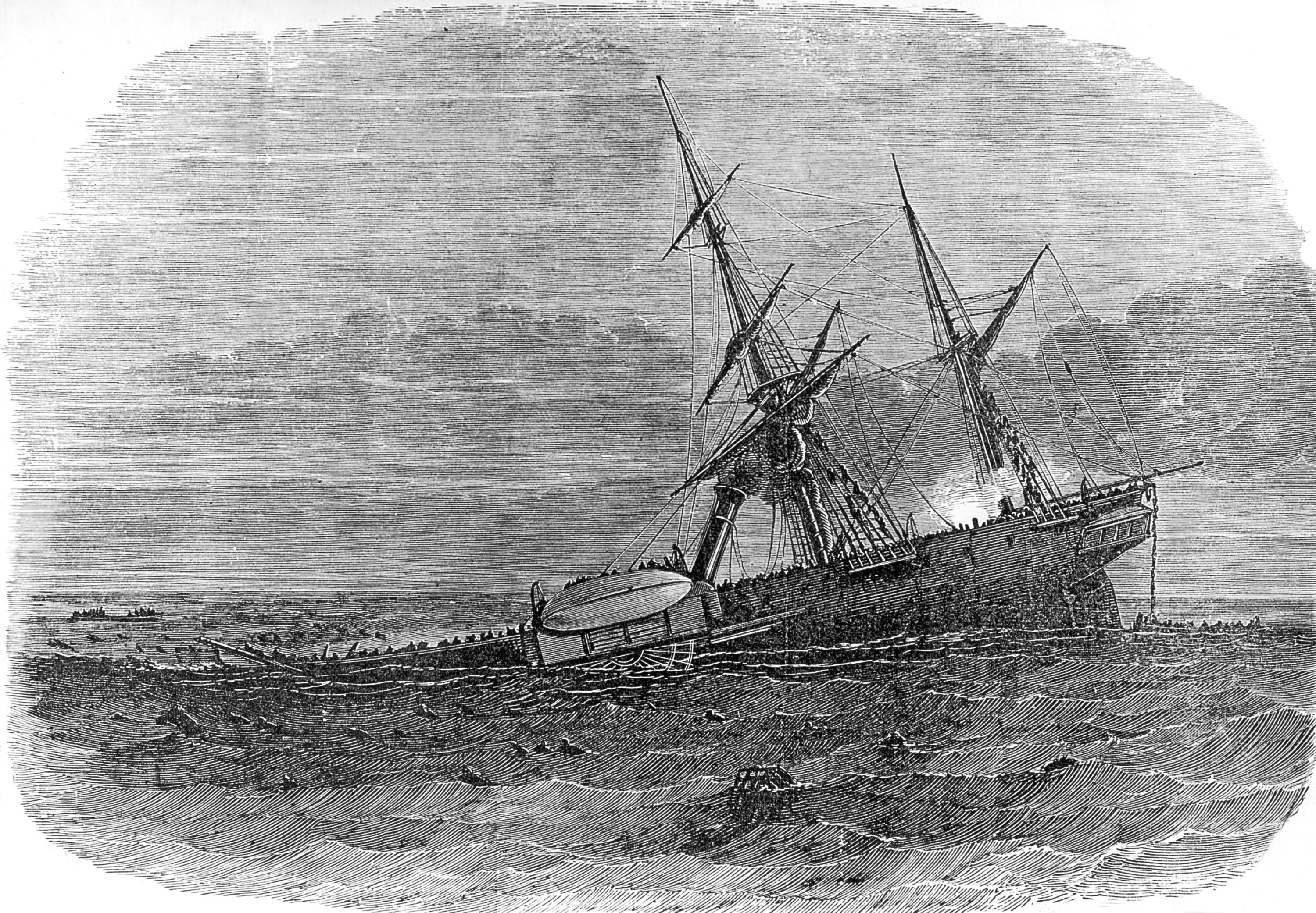 26th February 1852: The British troopship HMS Birkenhead strikes a reef and sinks off Danger Point in South Africa, with the loss of 445 lives. She was carrying soldiers to fight in the Eighth Frontier War in the Eastern Cape. (Photo by Hulton Archive/Getty Images)