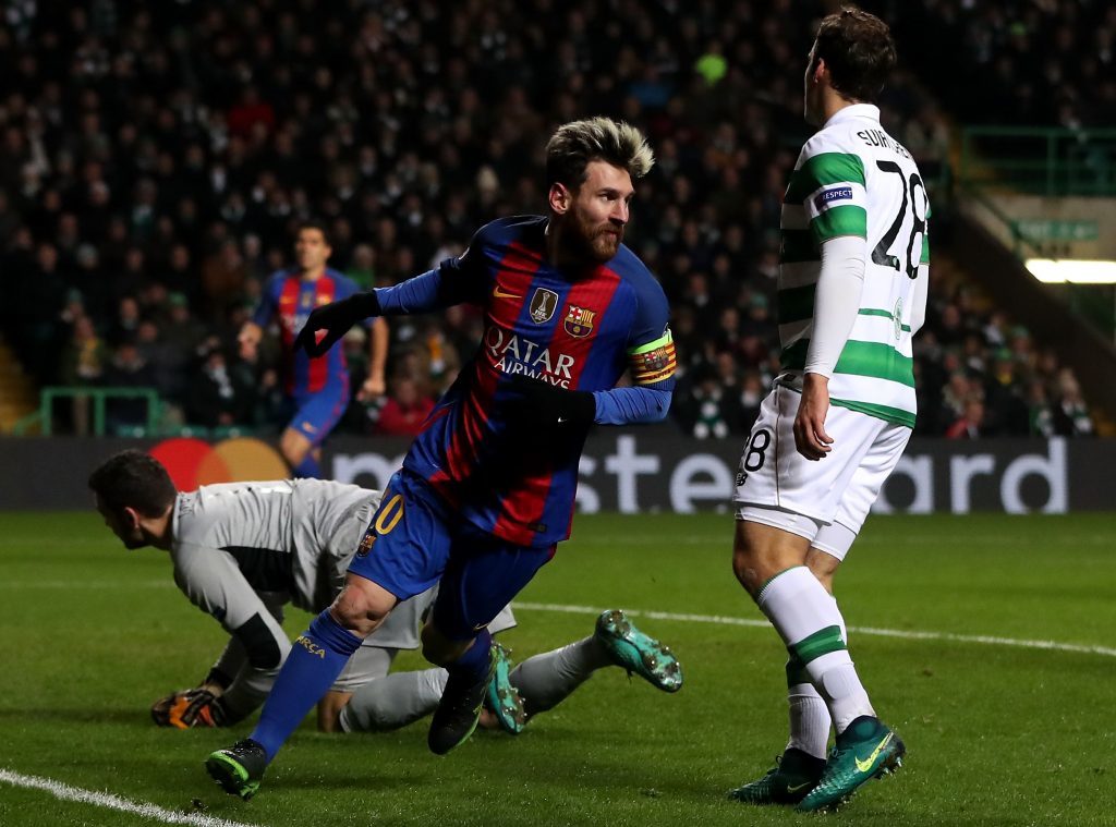 Lionel Messi of Barcelona celebrates scoring the opener (Ian MacNicol/Getty Images)