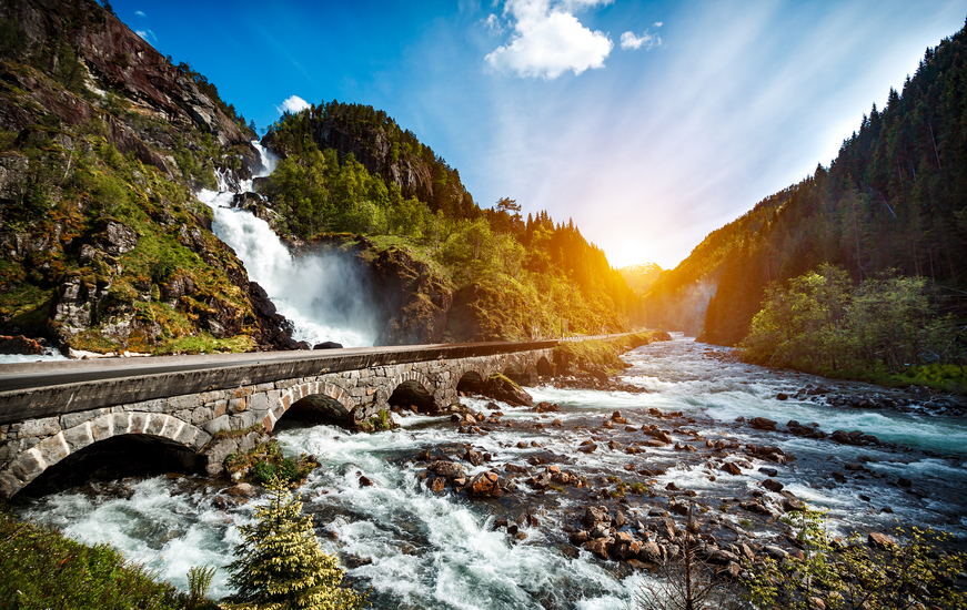 Latefossen Waterfall Odda Norway. Latefoss is a powerful, twin waterfall.