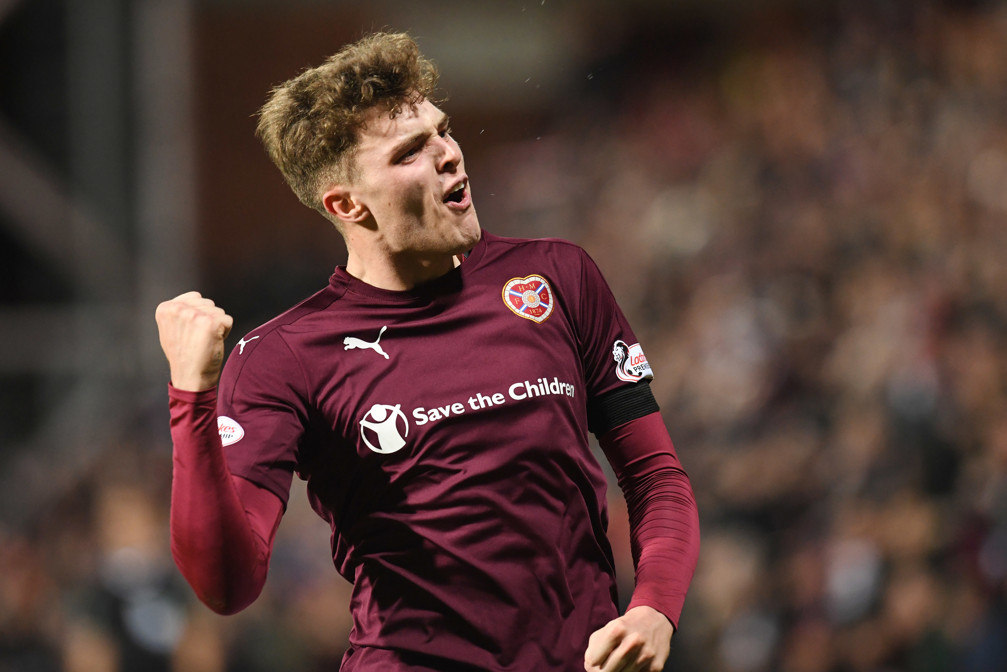 Robbie Muirhead celebrates  after putting Hearts 1-0 ahead (SNS Group / Craig Williamson)