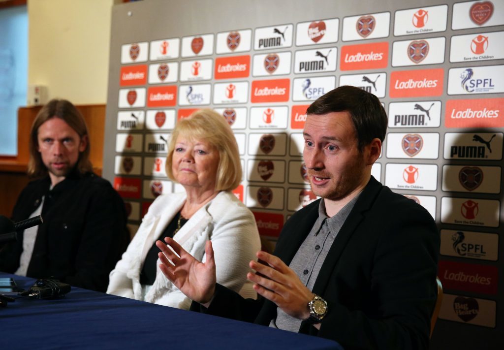 New Heart of Midlothian manager Ian Cathro (right) assistant manager Austin MacPhee (left) and owner Ann Budge (Andrew Milligan/PA Wire)