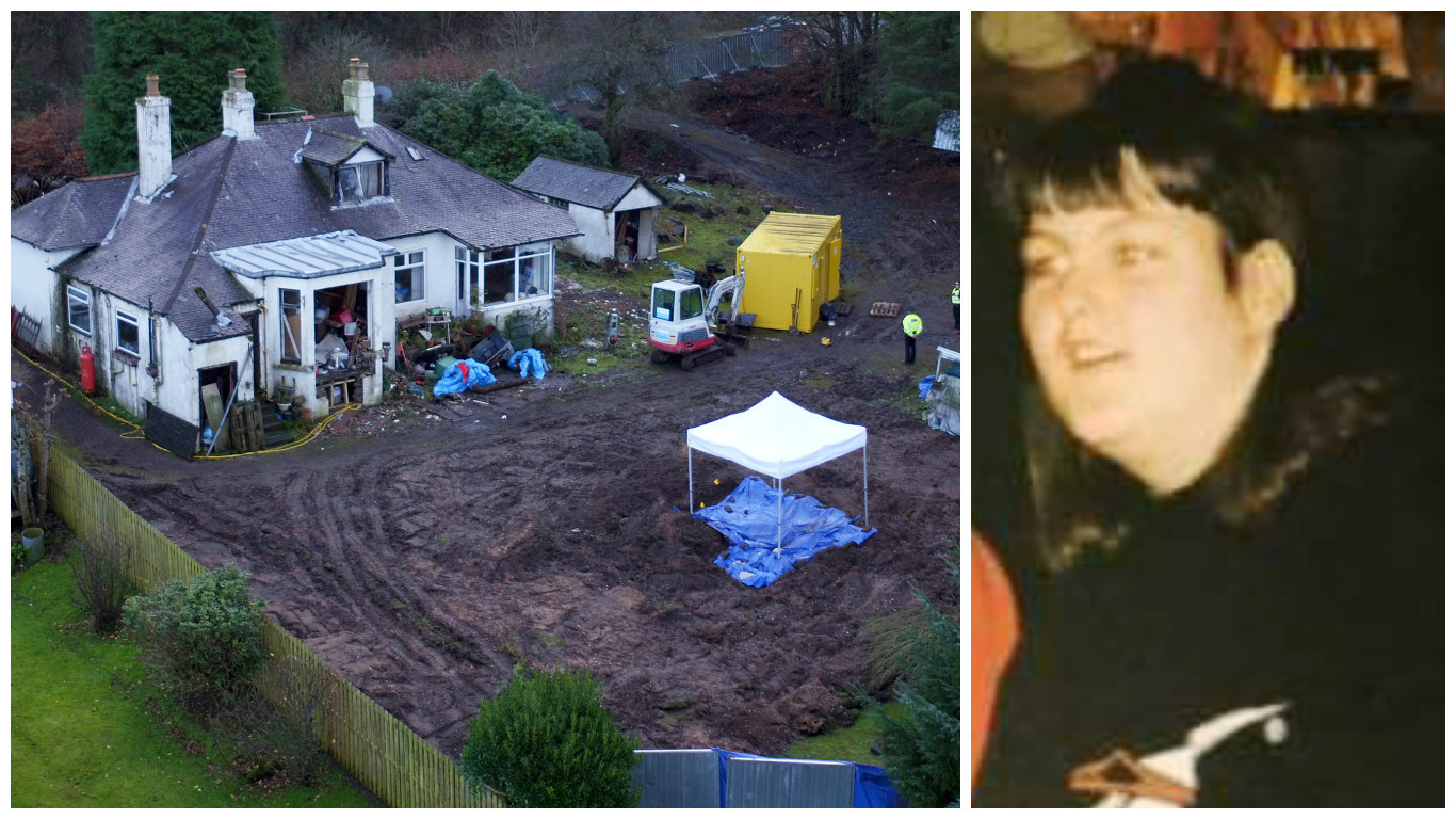 Avril Jones and Eddie Cairney’s garden has been dug up by police searching for vulnerable Margaret Fleming (right) (David Wilson/Drone Dog/SWNS.com)
