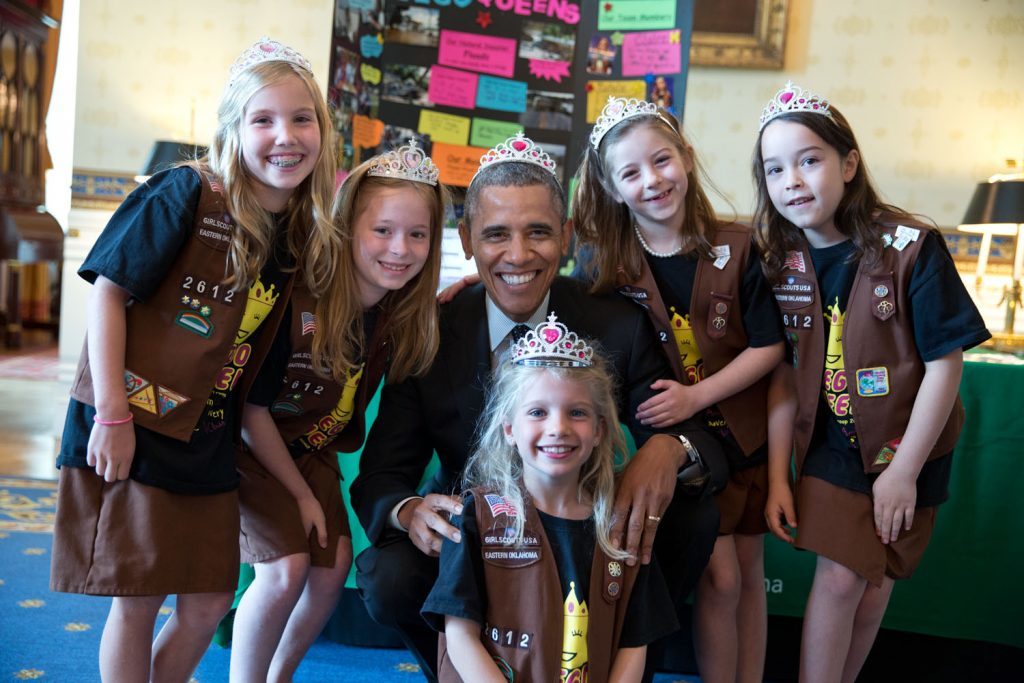 May 24, 2014 "This photograph was from the annual White House Science Fair. It shows the President posing with Girl Scout Troop 2612 in Tulsa, Oklahoma. I think the eight-year-old girlsÐAvery Dodson, Natalie Hurley, Miriam Schaffer, Claire Winton and Lucy Claire SharpÐare called 'Brownies'. They had just shown the President their exhibit: a Lego flood proof bridge project. The fair celebrated the student winners of a broad range of science, technology, engineering and math (STEM) competitions from across the country." (Official White House Photo by Pete Souza)