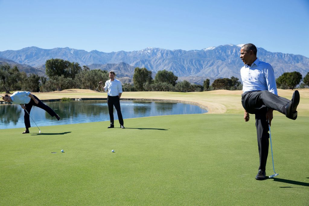 Feb. 16, 2016 “President Obama reacts as his putt falls just short during an impromptu hole of golf with staffers Joe Paulsen, left, and Marvin Nicholson after the U.S.-ASEAN Summit at the Annenberg Retreat at Sunnylands in Rancho Mirage, Calif.” (Official White House Photo by Pete Souza)