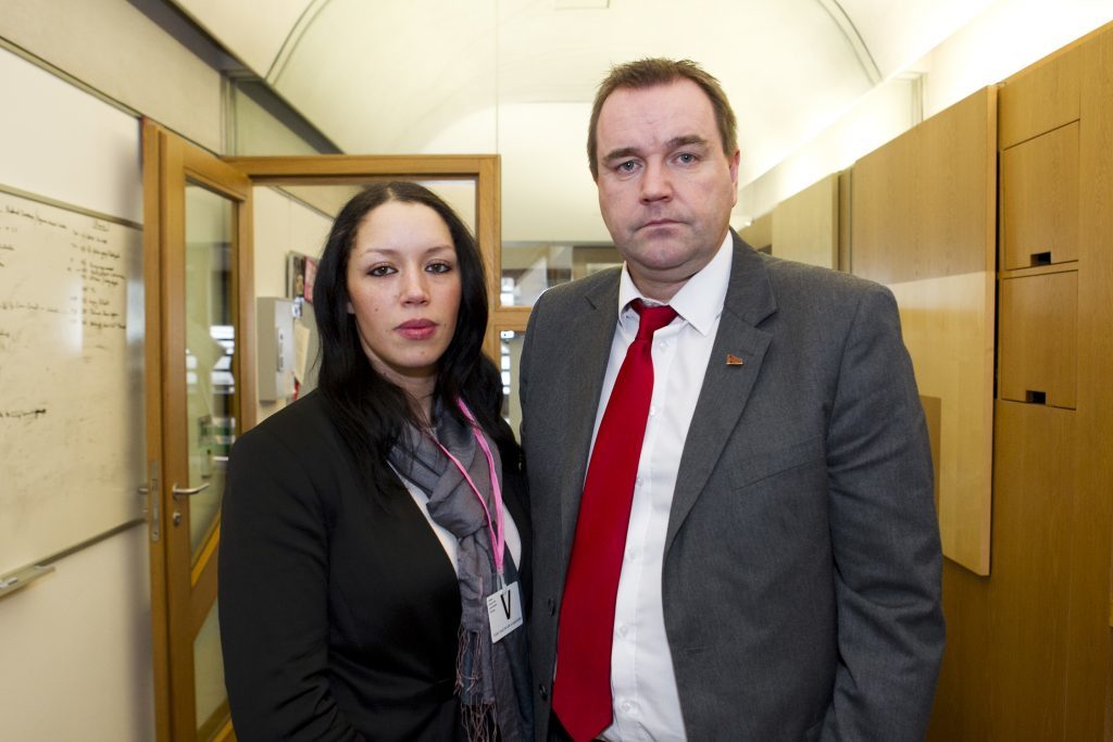 (Andrew Cawley) Denise Clair, meeting Neil Findlay MSP, telling him of her ordeal with her case against former Dundee United footballers, David Goodwillie and David Robertson.