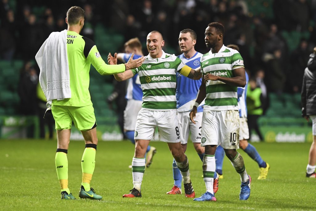 Celtic captain Scott Brown (centre) with Craig Gordon at full-time as Celtic went another game unbeaten (SNS Group)