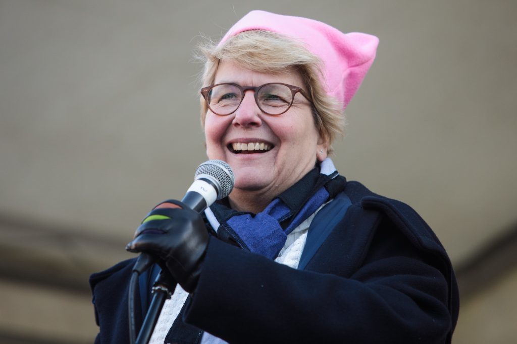 LONDON, ENGLAND - JANUARY 21: Comedian and presenter Sandi Toksvig addresses thousands of protesters gathered in Trafalgar Square during the Women's March on January 21, 2017 in London, England. The Women's March originated in Washington DC but soon spread to be a global march calling on all concerned citizens to stand up for equality, diversity and inclusion and for women's rights to be recognised around the world as human rights. Global marches are now being held, on the same day, across seven continents. (Photo by Jack Taylor/Getty Images)